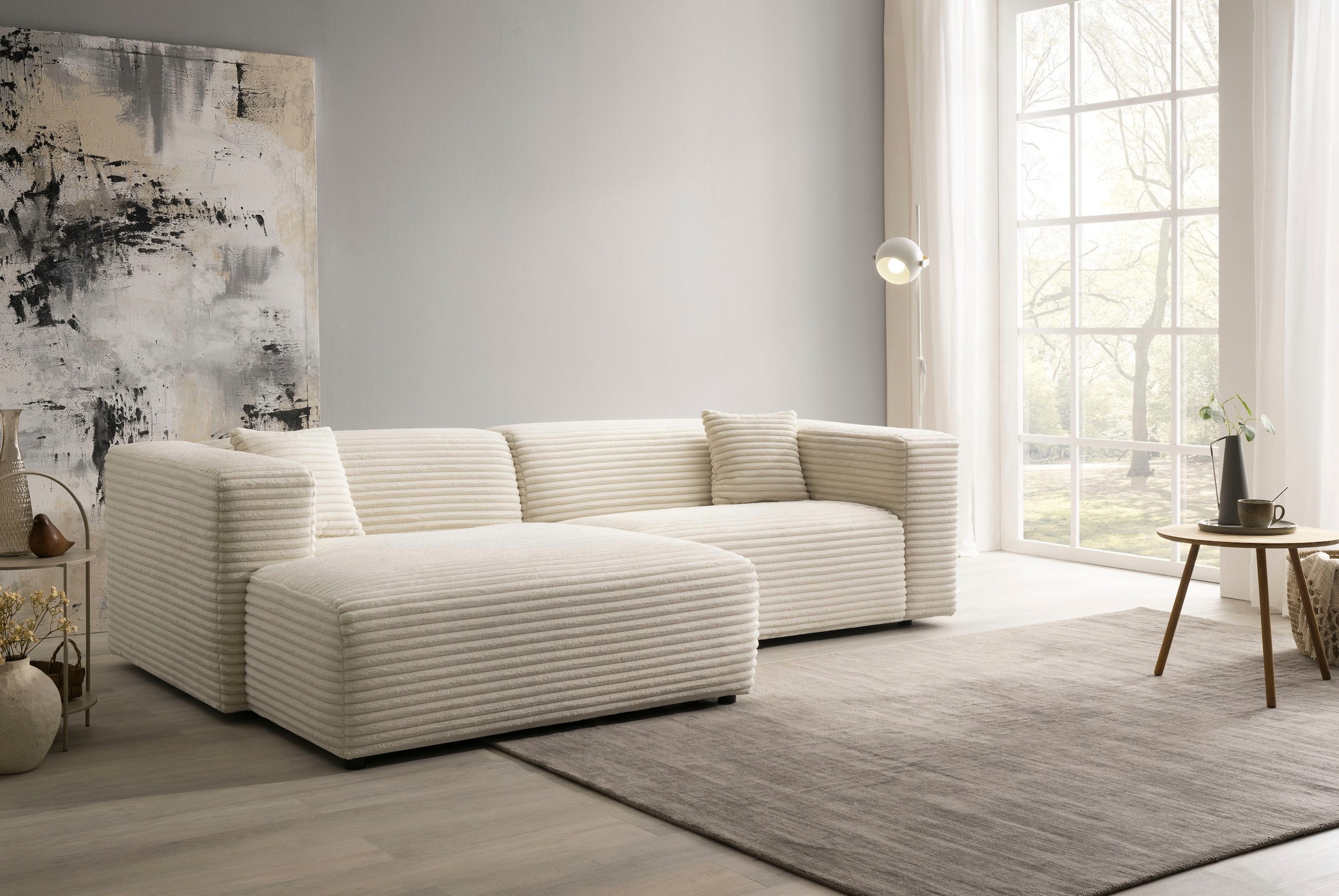 andas Ecksofa »BAKELS, L-Form in Cord oder Boucle-Stoff, moderne Couch«, wahlweise Recamiere rechts/links, bequemer Sitzkomfort