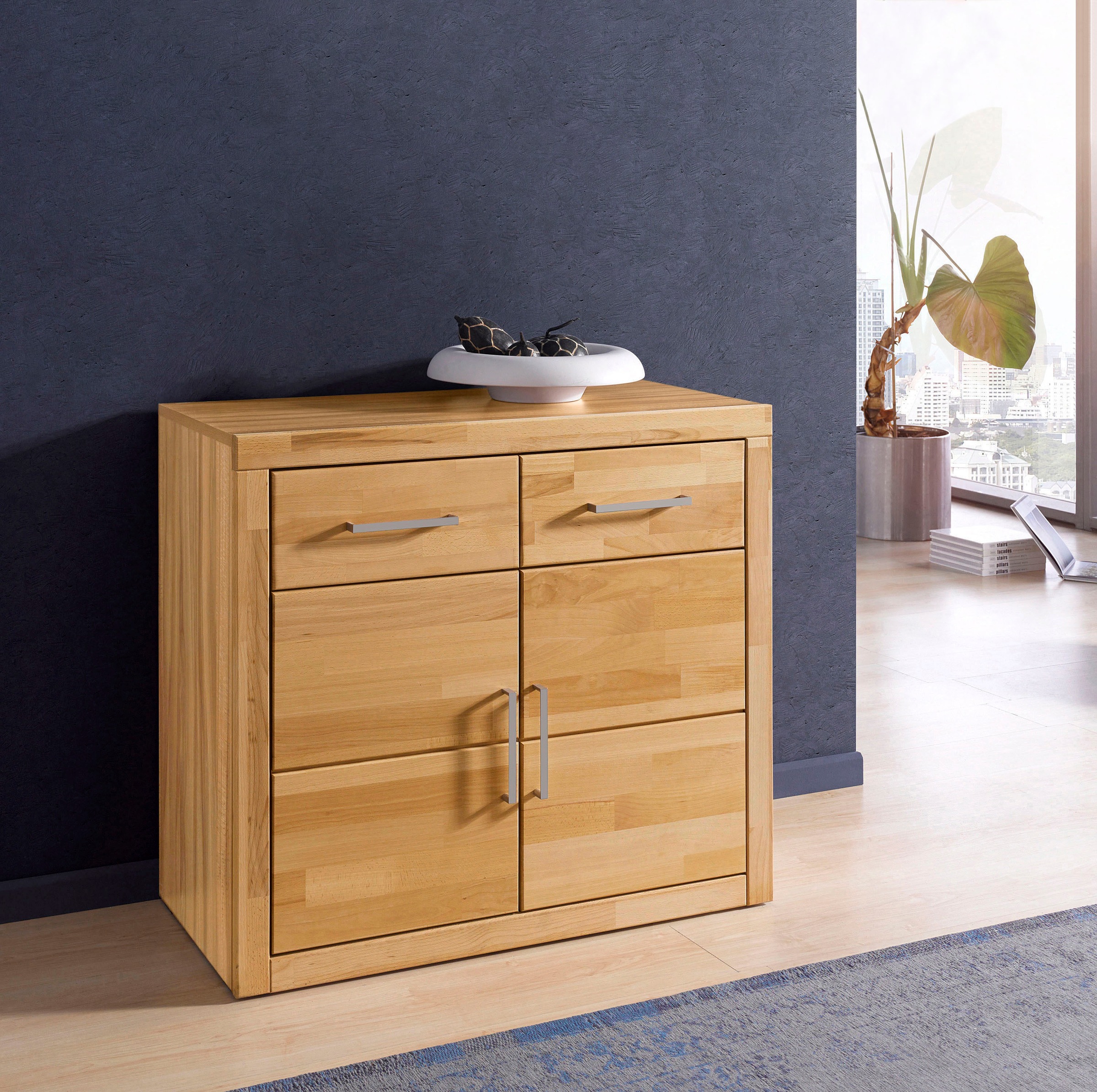 Image of GOODproduct Kommode "Logo,90cm breit,42 cm tief, Fronten Massivholz,2 Türen,2 Schubladen" Holz massiv, Holzwerkstoff,2 breite Fächer,Boden versetzbar