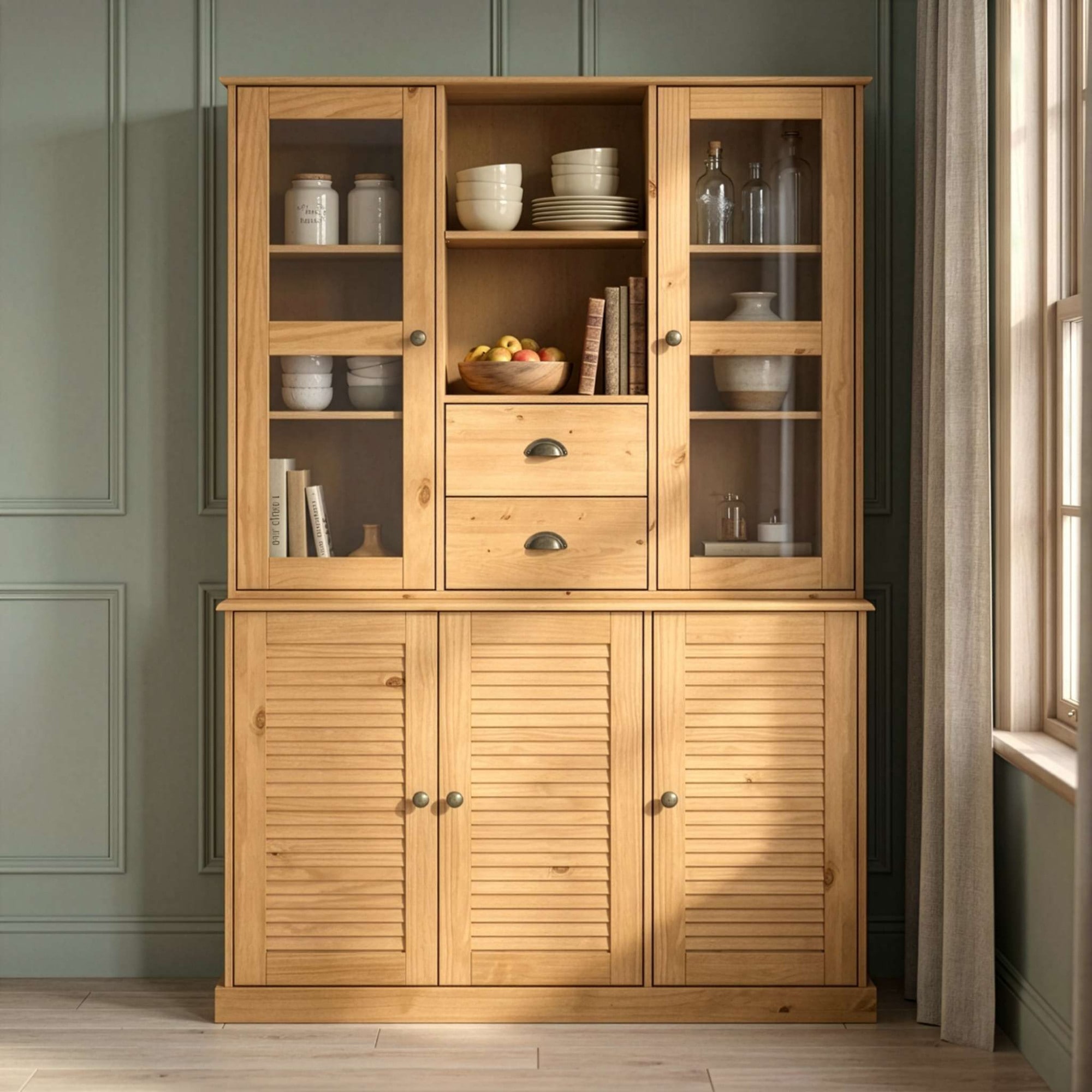GOODproduct Buffet »Turia« avec portes vitrées et à lamelles, en pin massif FSC®, hauteur 180 cm