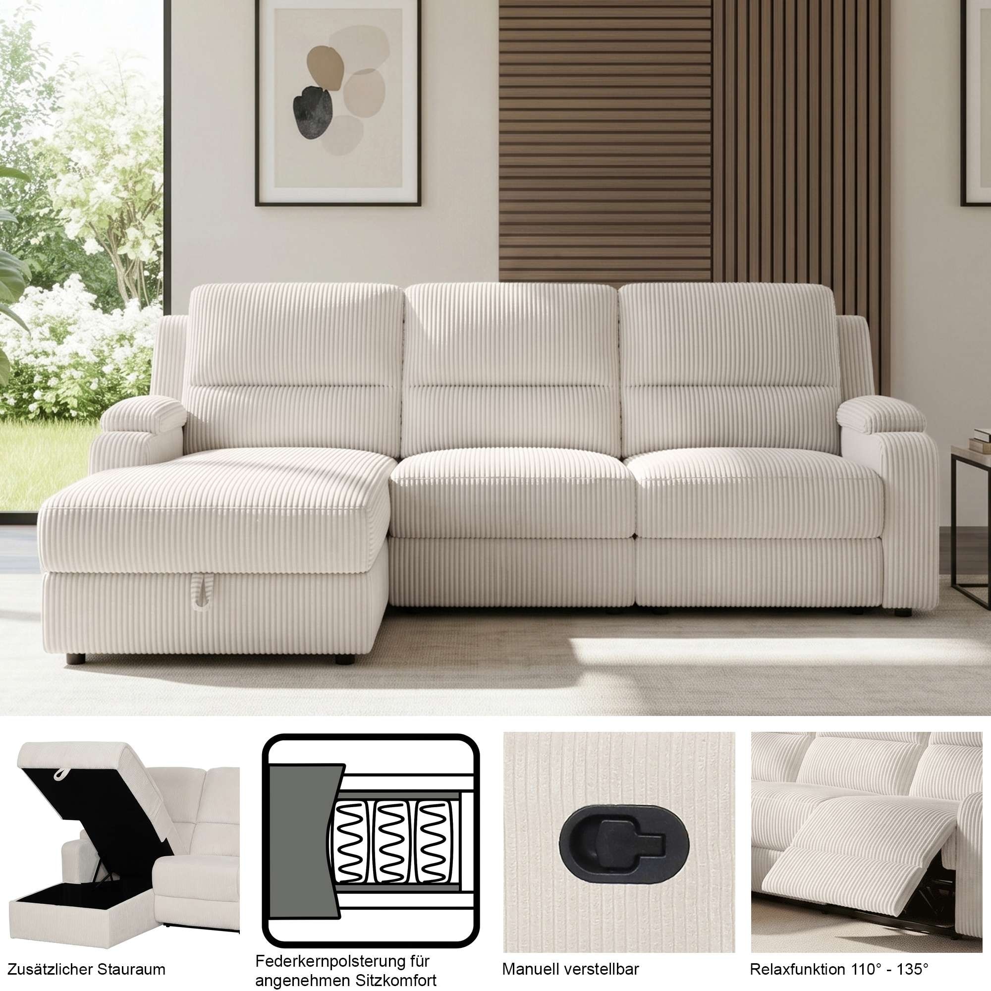 GOODproduct »NAPORI Struktur-Bezug, L-Form, 210cm, man./elektr. Relaxfunktion« USB-A bei elektr. Variante, Staukasten, Seitentasche u. Federkern