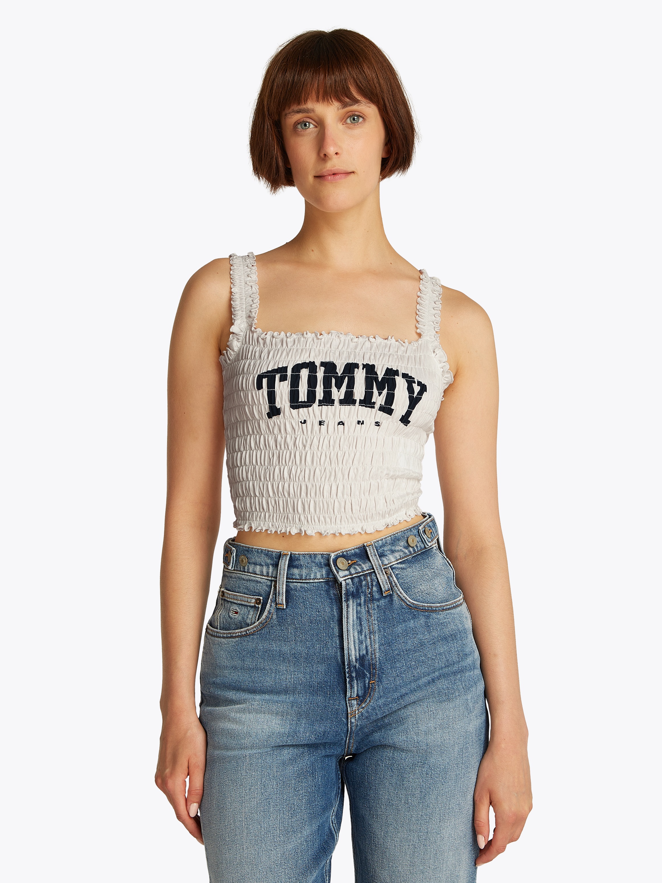 Image of Tommy Jeans Smoktop "TJW SMOCK VARSITY BRALETTE" in Smok-Optik