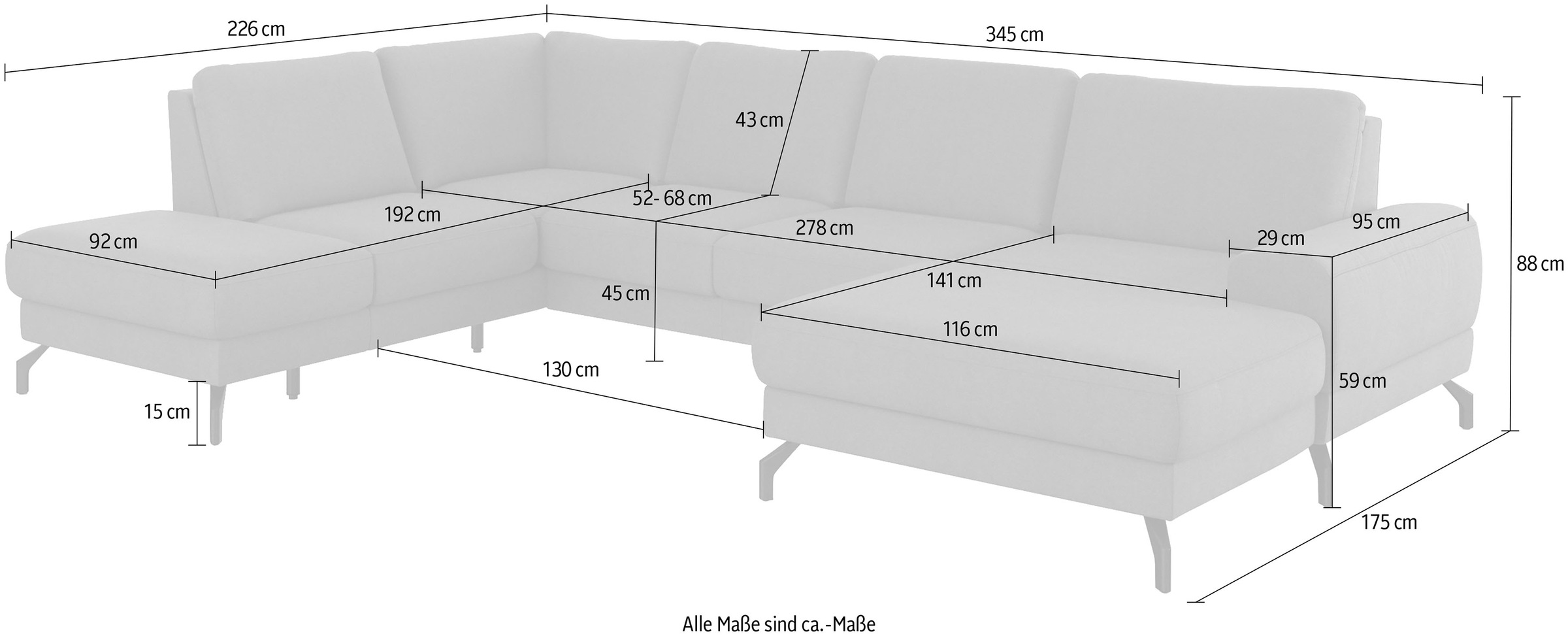 sit&more Wohnlandschaft »Cinturo U-Form«, inklusive Sitztiefenverstellung und Federkern, Sitzhöhe 45 cm