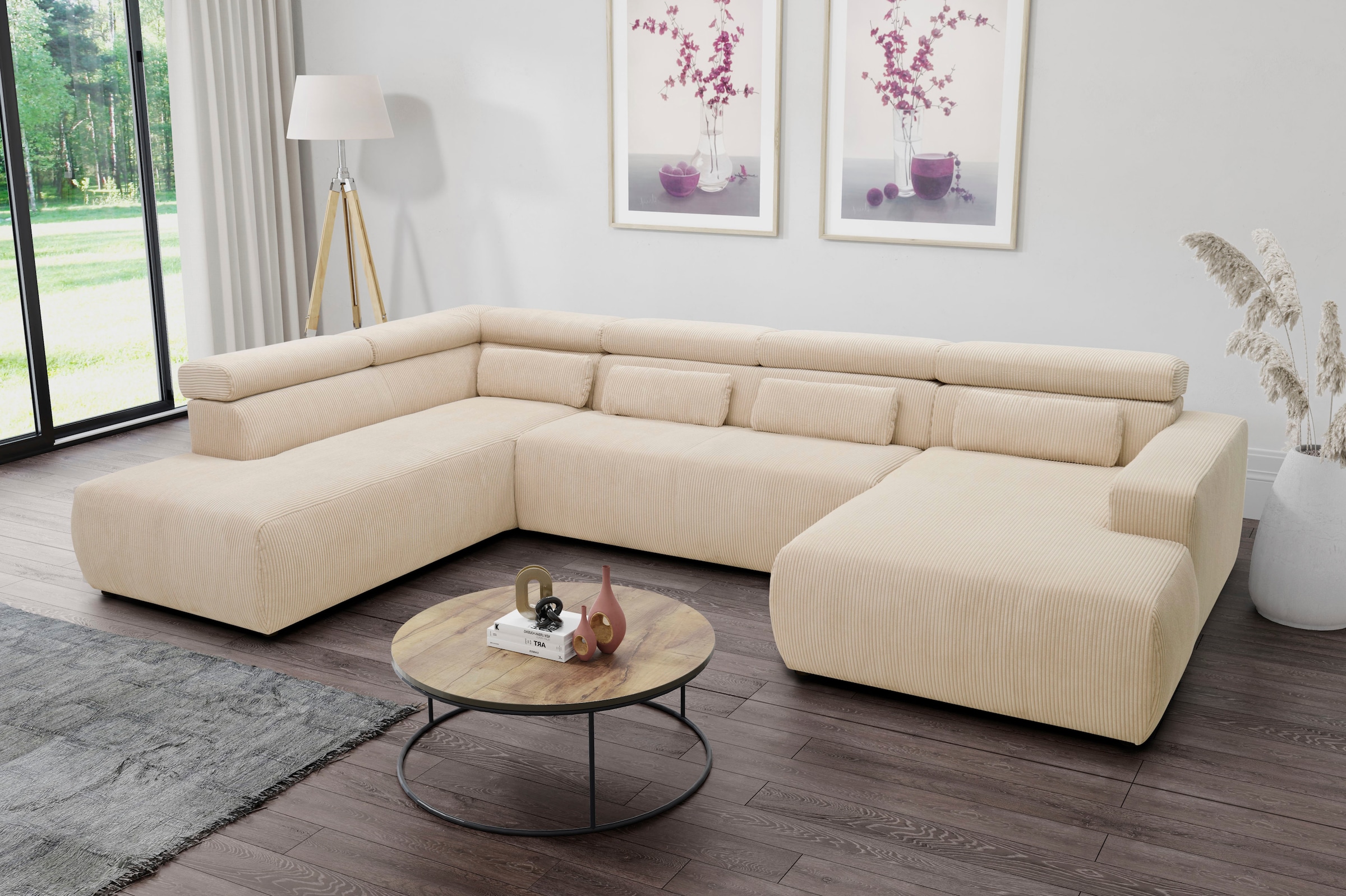 Image of DOMO collection Wohnlandschaft "BRANDON whlw. mit Sitztiefenverstellung, whlw. Nierenkissen" ohne Sitztiefenverstellung, Cord, creme