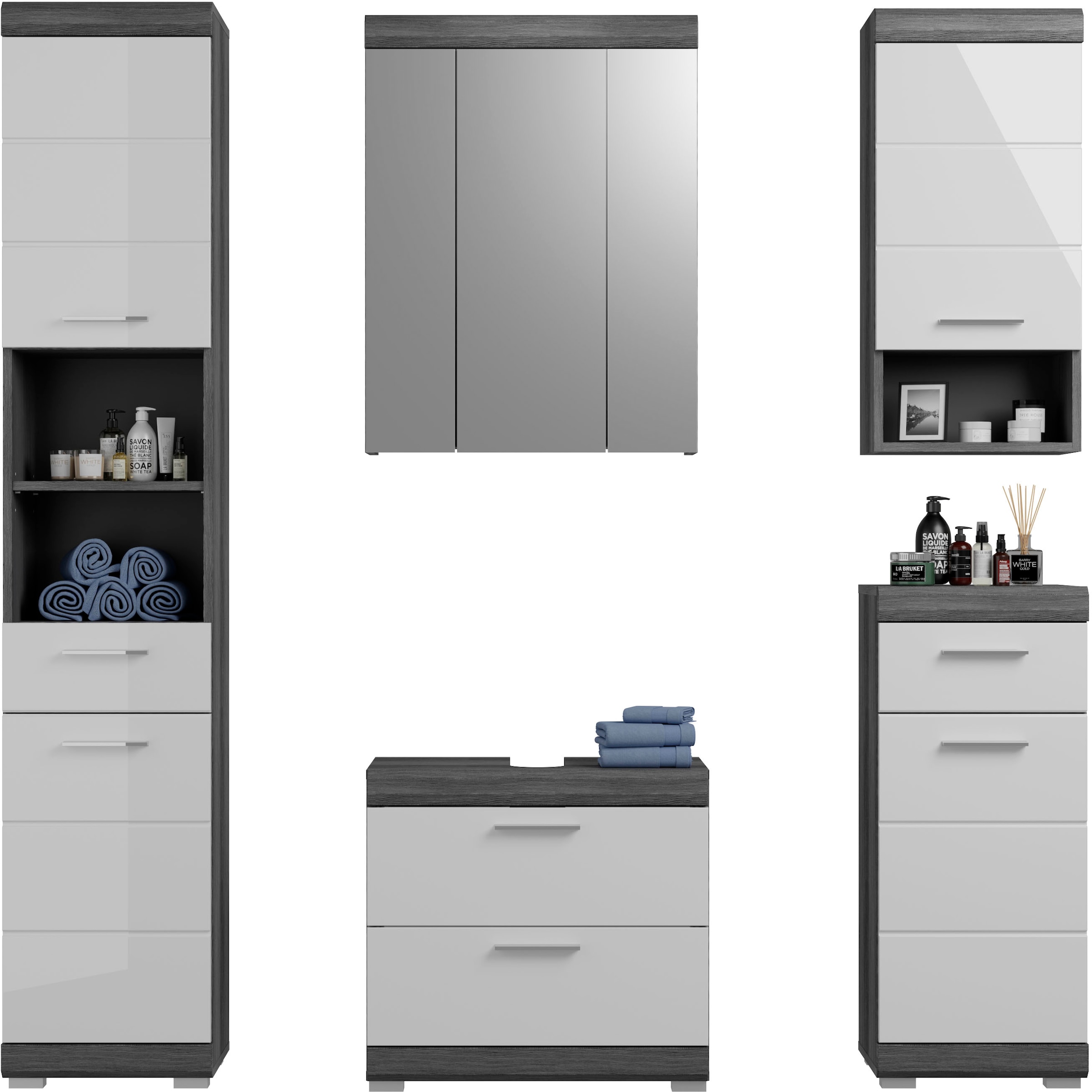 INOSIGN Badmöbel-Set »Siena«, (Set, 5 St.), Hochschrank, Spiegelschrank, WBU, Hängeschrank, Unterschrank