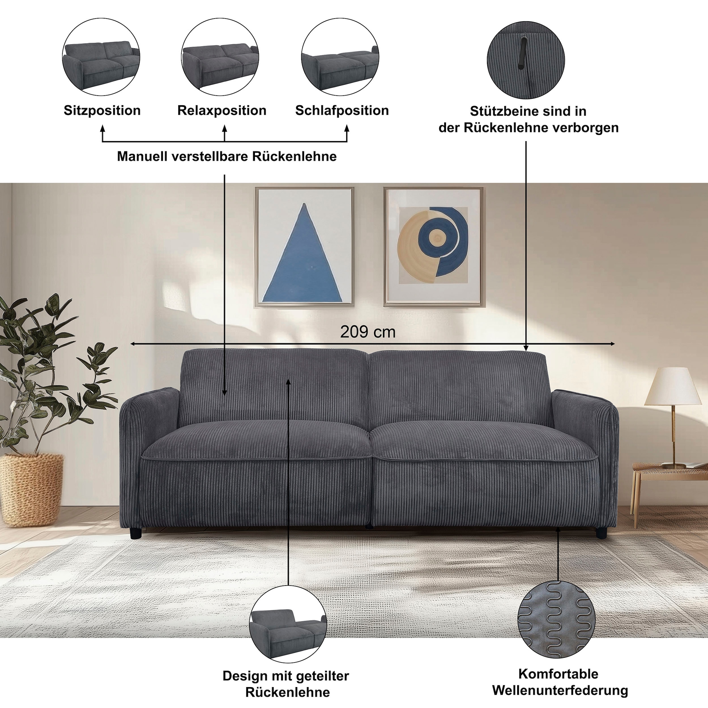 Dorel Home 3-places »Allie Curved Schlafsofa 209 cm« Fonction lit (110/190), dossier réglable, velours côtelé et velours