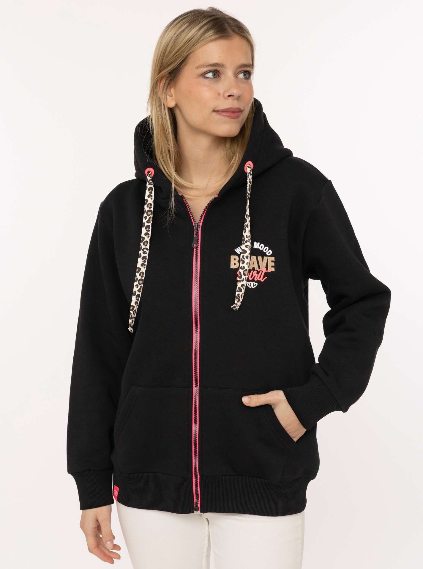 Image of Zwillingsherz Kapuzensweatjacke ""Brave Spirit"" Langarm, Reissverschluss, Kapuze, Kordelzug, Animal-Details