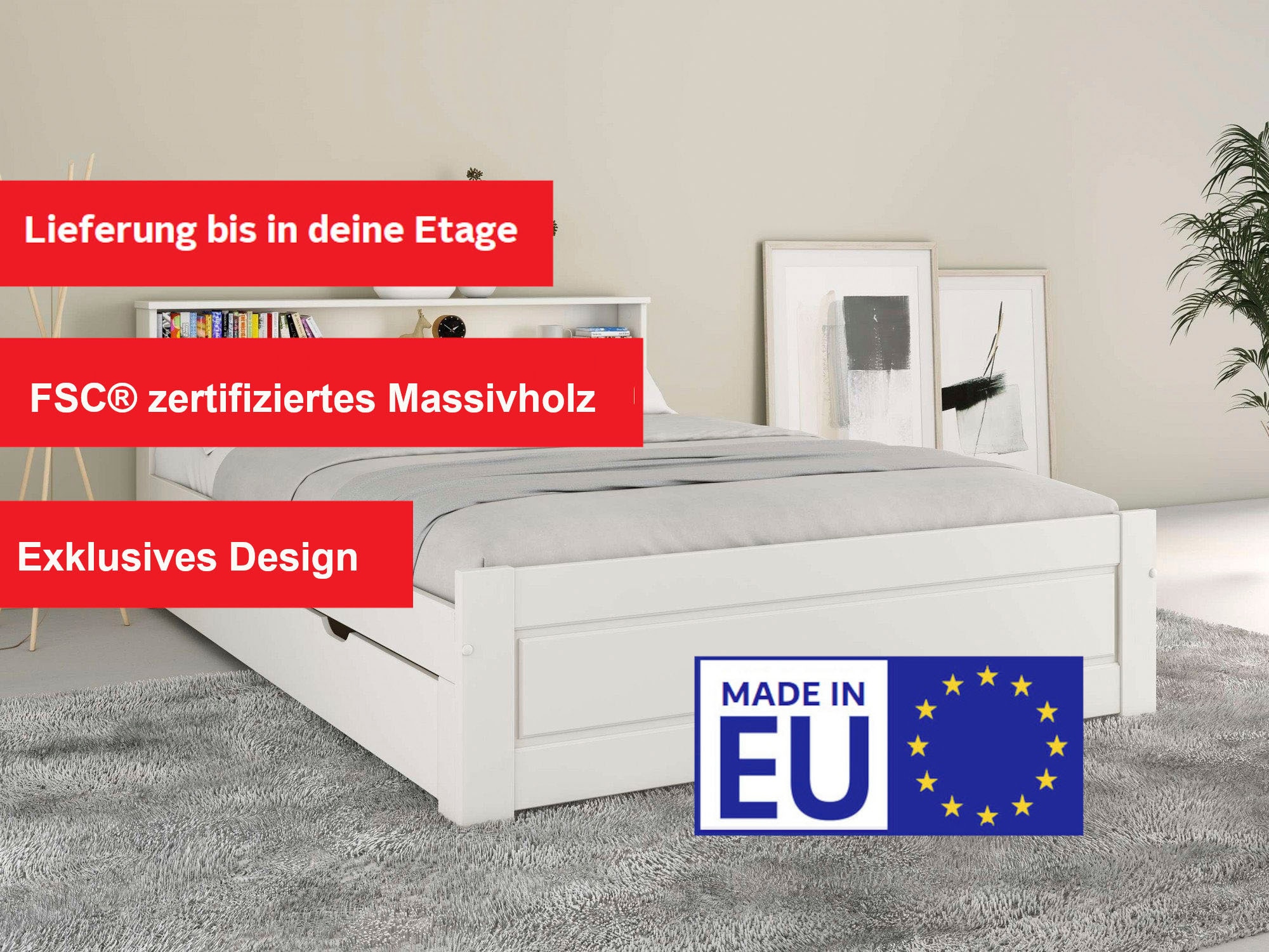 Home affaire Massivholzbett »FLAVION, TOPSELLER! Jugendbett, FSC® zertifizierte massive Kiefer«, (Schublade optional), Qualitätsprodukt, Regal im Kopfteil, Kassettenoptik, Stauraum