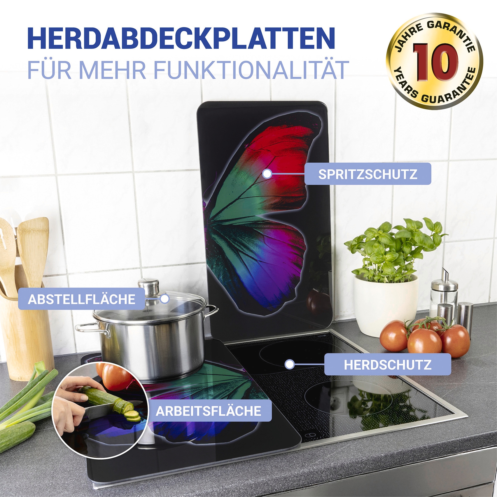 WENKO Herd-Abdeckplatte »Universal Modell Butterfly by Night«, (Set, 2 tlg.), Herdabdeckung für alle Herdarten, kratzfest, mit rutschfesten Füssen