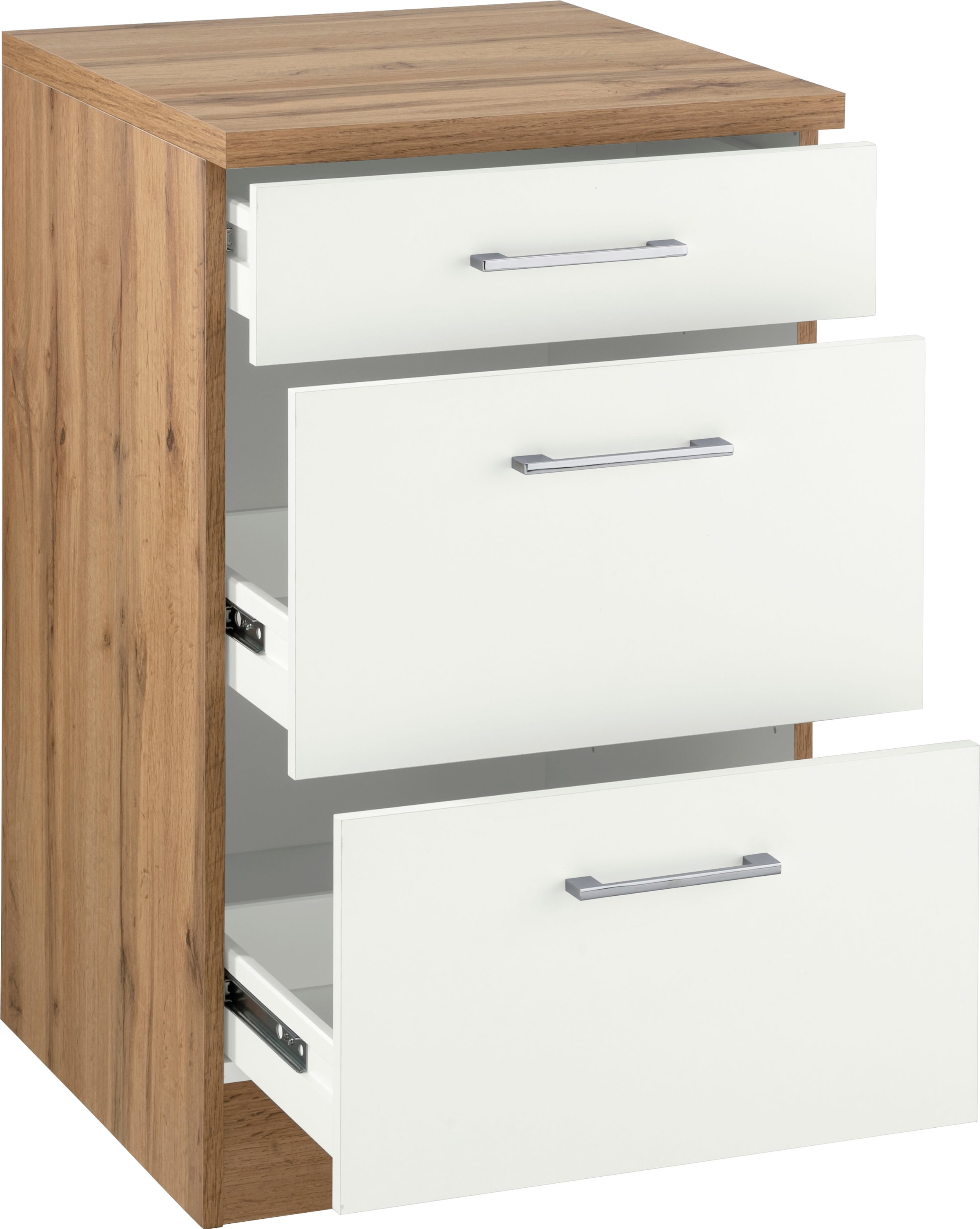 KOCHSTATION Armoire basse coulissante »KS-Colmar« 50 cm, avec poignée en métal, tout à portée de main grâce à deux grands tiroirs
