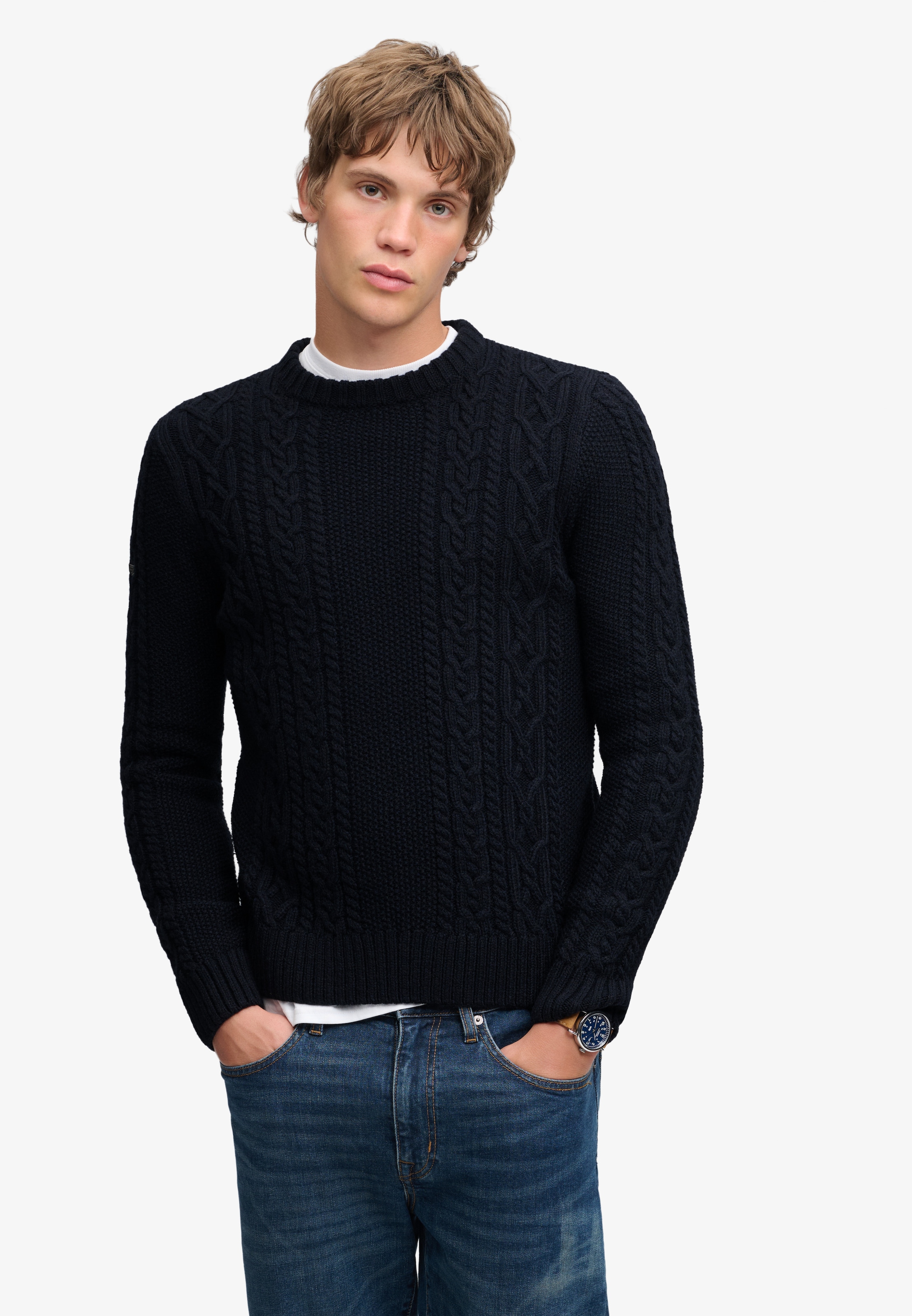 Image of Superdry Rundhalspullover "JACOB CABLE JUMPER" Materialmix, regular fit