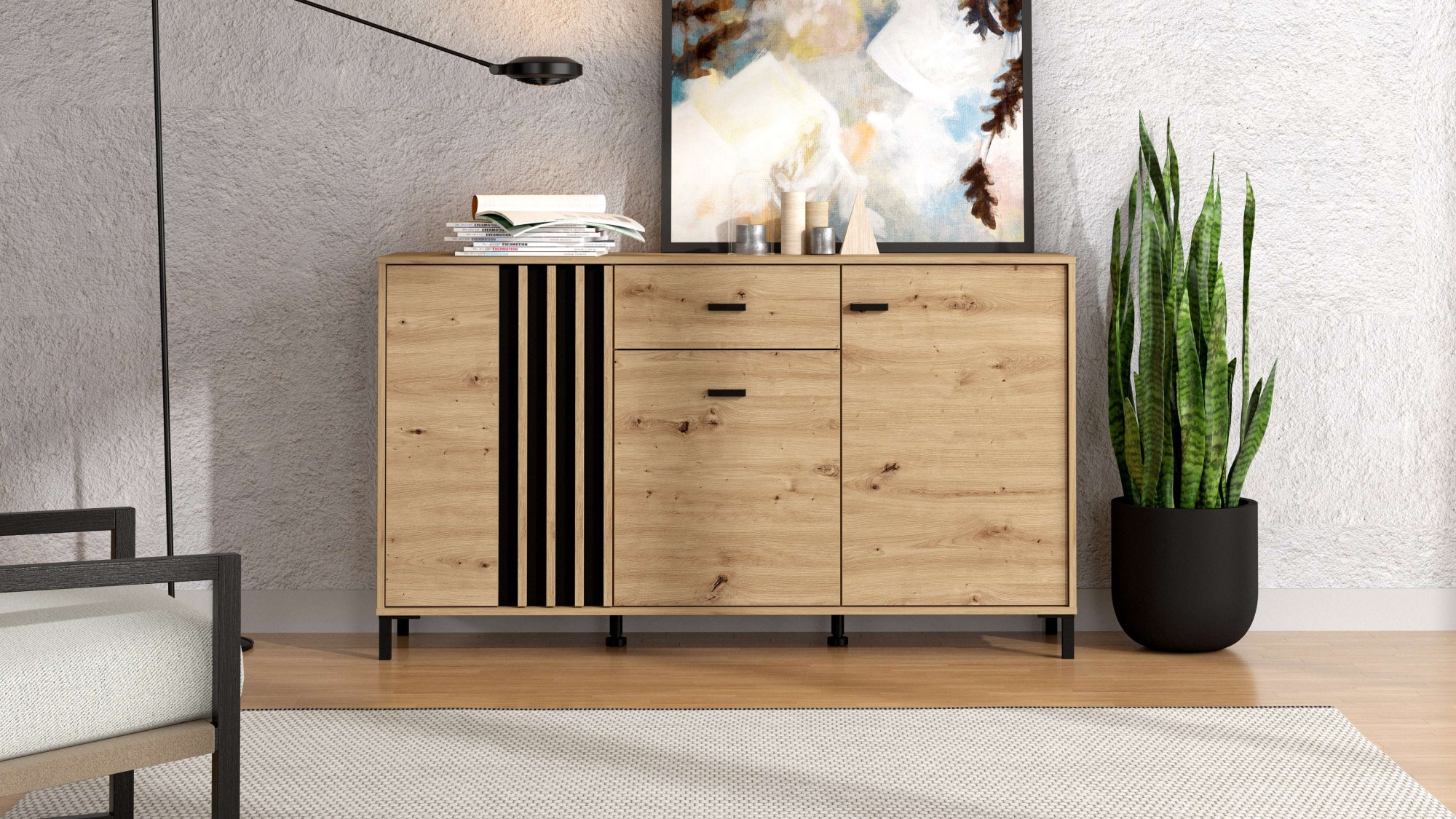 Image of Home affaire Sideboard "LAVAL, Kommode, Kombikommode, Anrichte, Schrank" Modernes Sideboard in Artisan, 3 Türen & 1 Schublade, Lamellen-Optik
