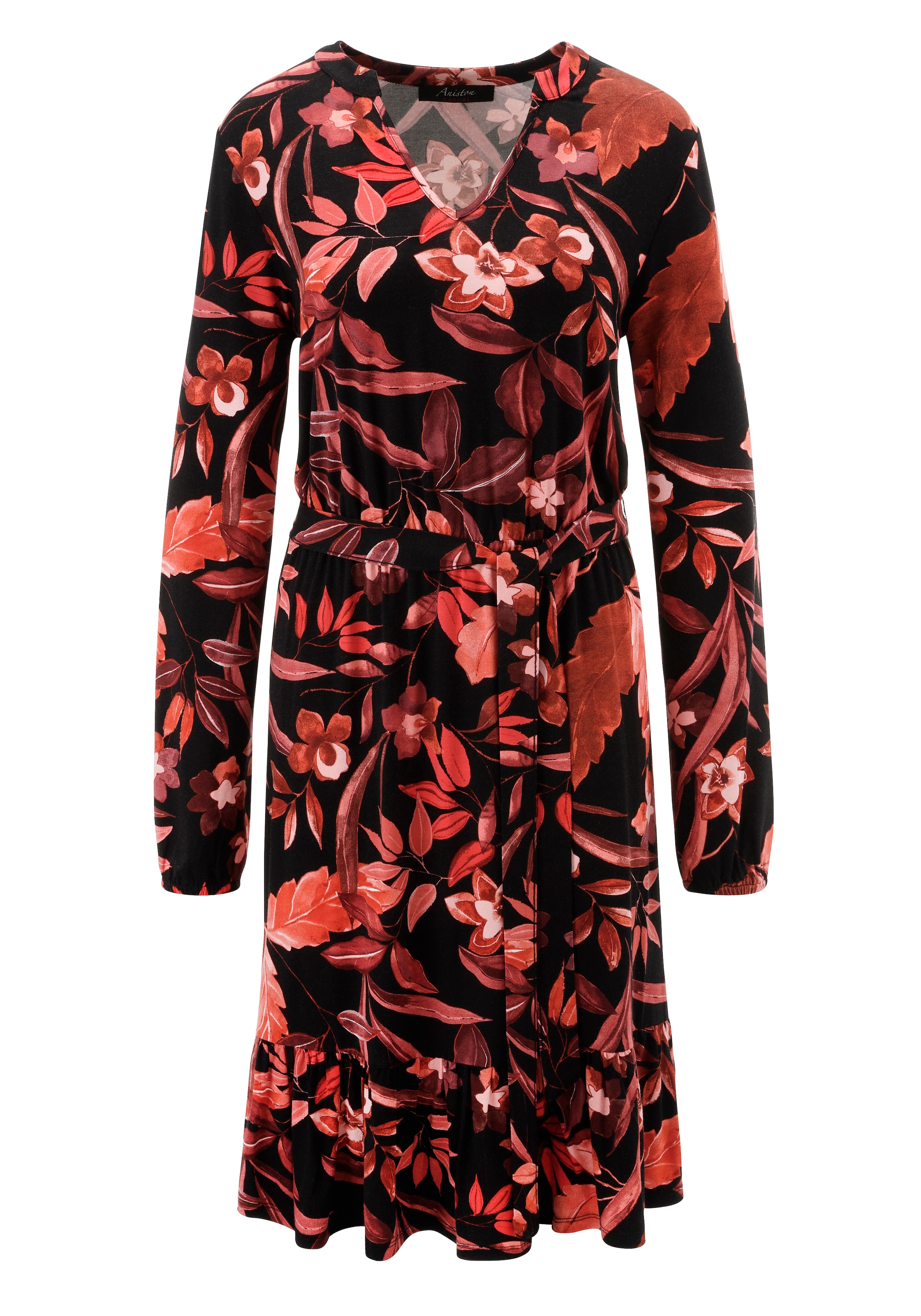 Aniston CASUAL Jerseykleid, (mit abnehmbarem Bindeband), mit grossflächigen Blüten und Blättern bedruckt - NEUE KOLLEKTION