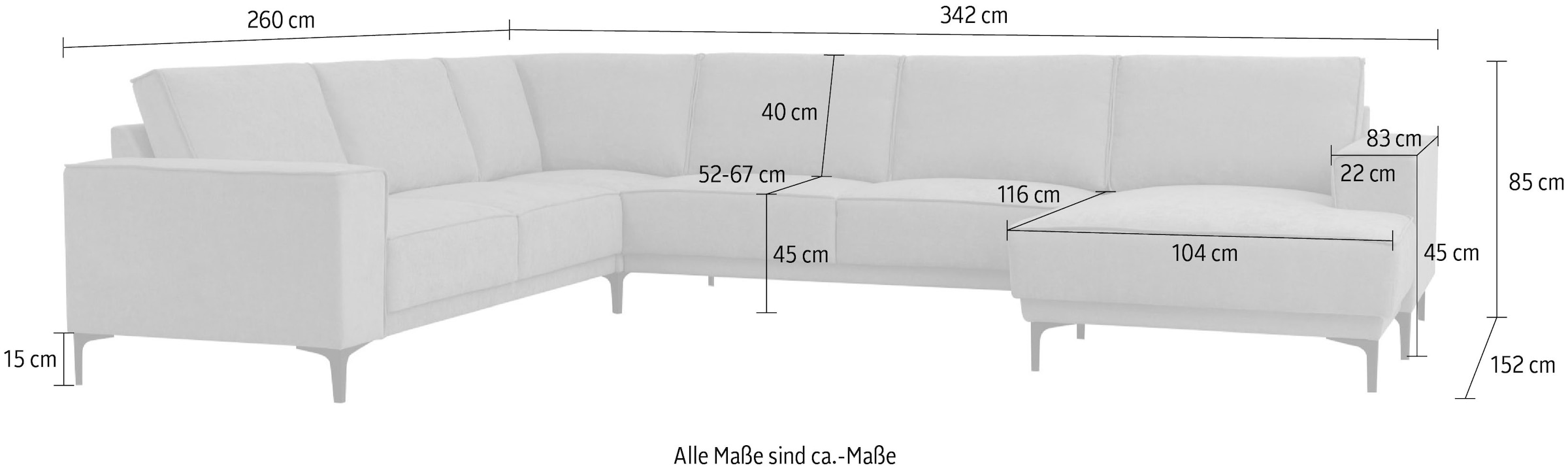 Places of Style Wohnlandschaft »XXL Sofa Oland, Struktur, Flachgewebe, Luxus-Microfaser, Boucle«, U-Form, 342 cm, Wellenunterfederung, Skandi-Design, Metallfüsse