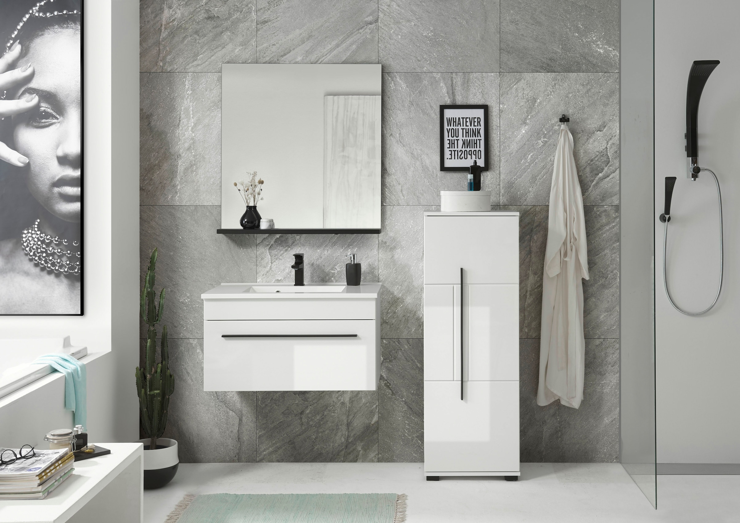 INOSIGN Badmöbel-Set »Cantara, Bad im modernen Design, 3-teiliges Badezimmer«, (Set, 3 St.), Waschtisch, Schrank und Spiegel, in Weiss Hochglanz, viel Stauraum