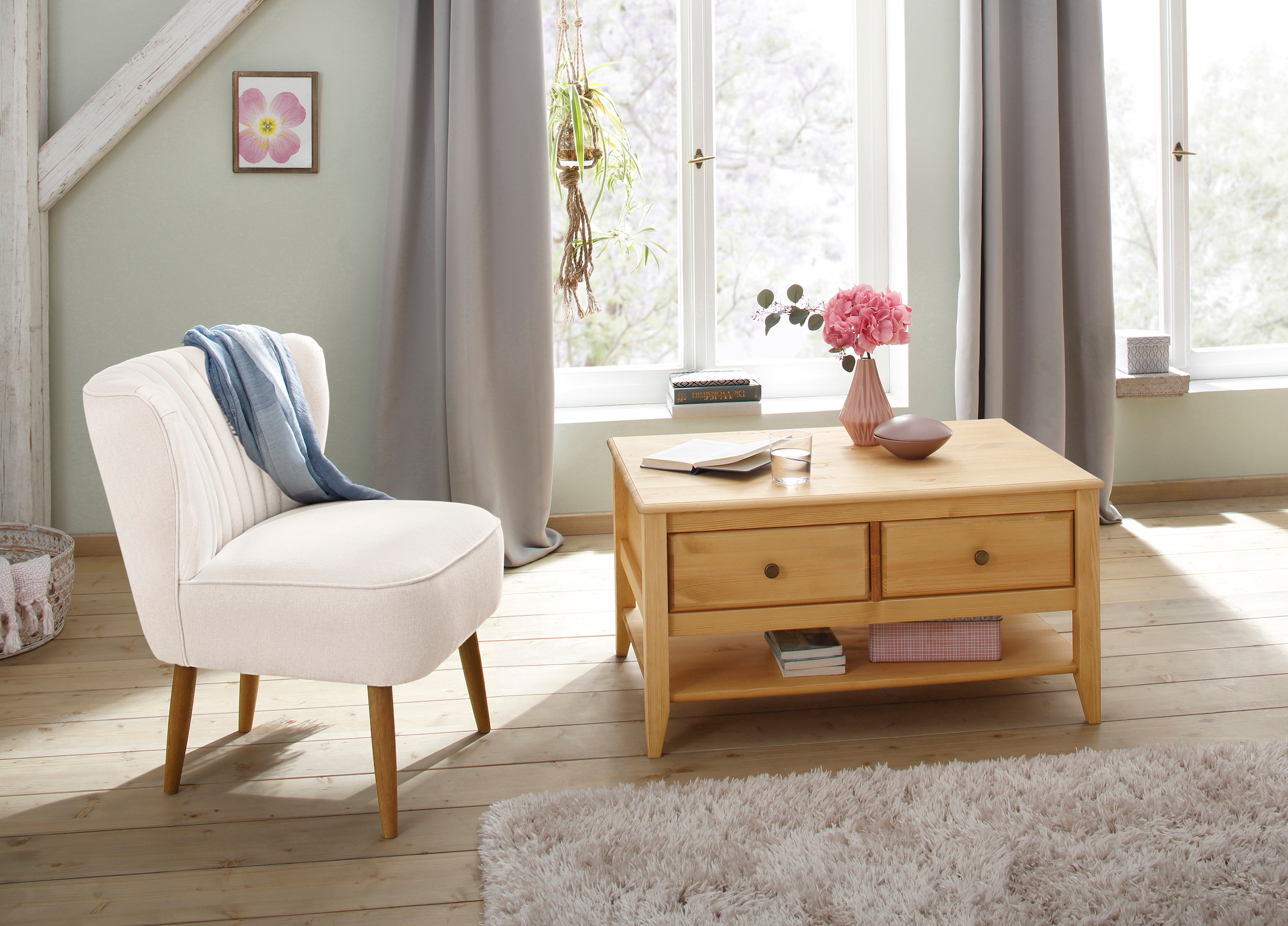 GOODproduct Couchtisch »Leonis« Breite 89 cm, mit Schubladen und Ablageboden, massiver Kiefer,  FSC®