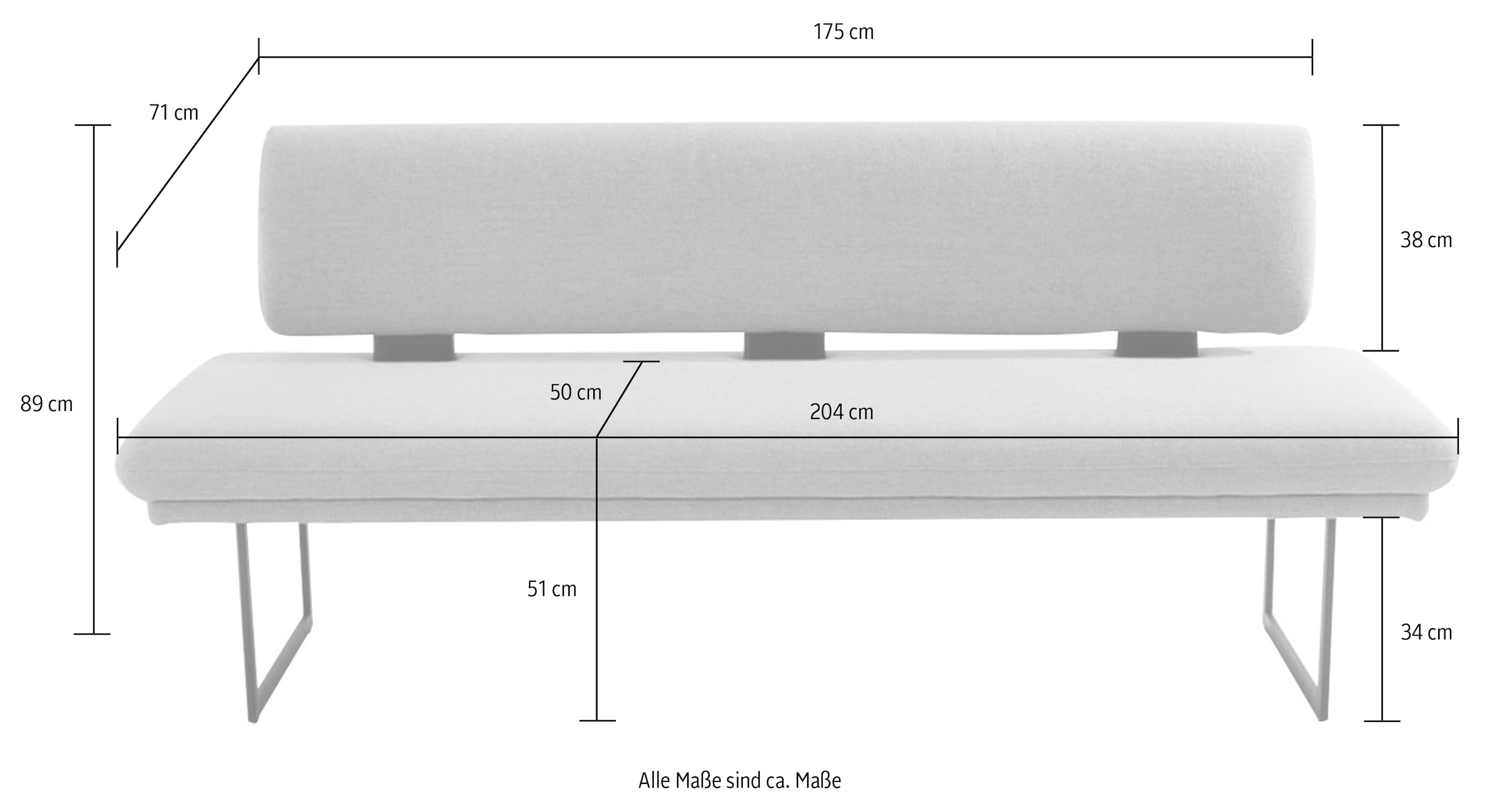 K+W Komfort & Wohnen Banc rembourré »Longbeach« 1 cuis tlg. avec patins métalliques en structure noire, largeur 204 cm ou 224 cm