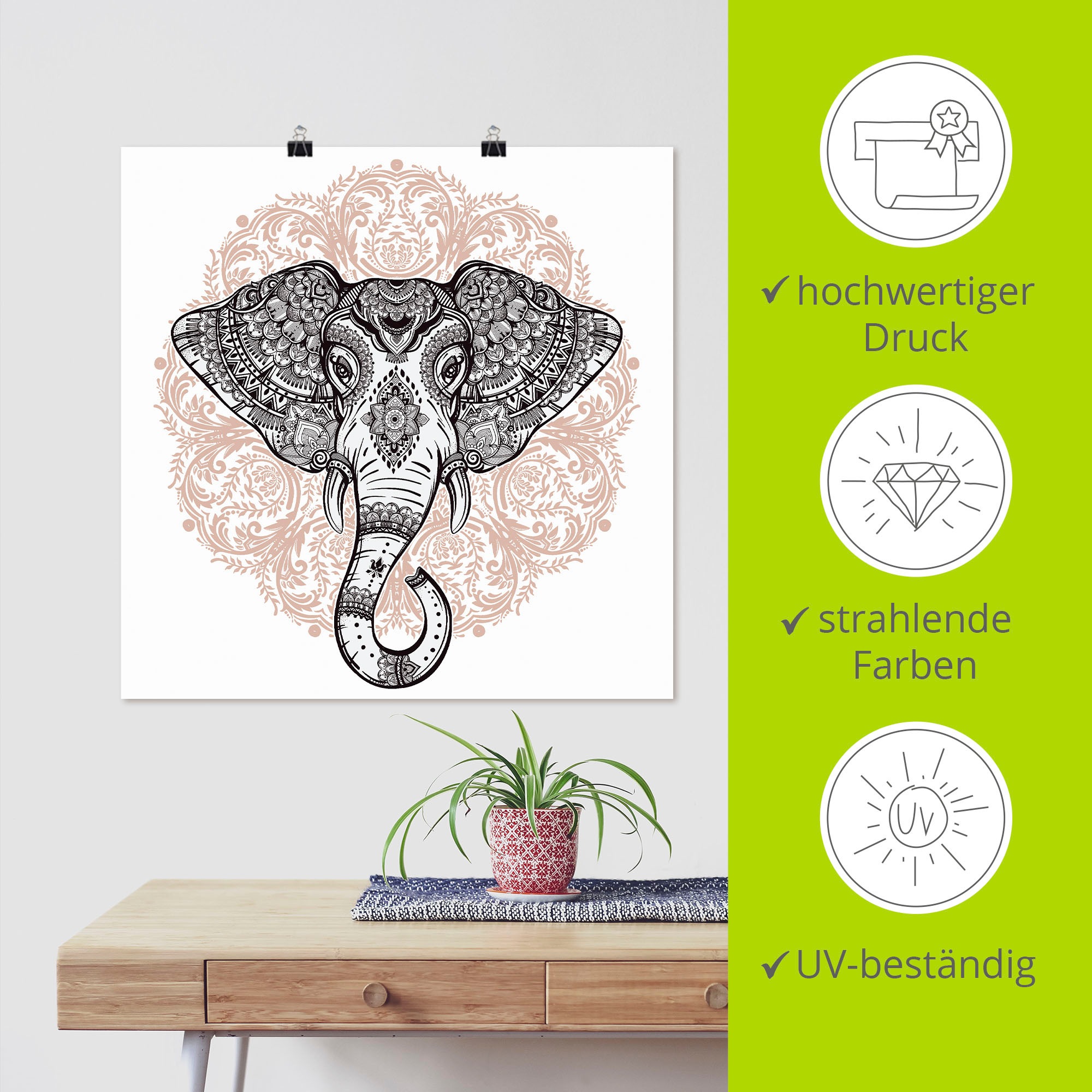 Artland Wandbild »Vintage Mandala Elefant«, Wildtiere, (1 St.), als Leinwandbild, Poster, Wandaufkleber in verschied. Grössen