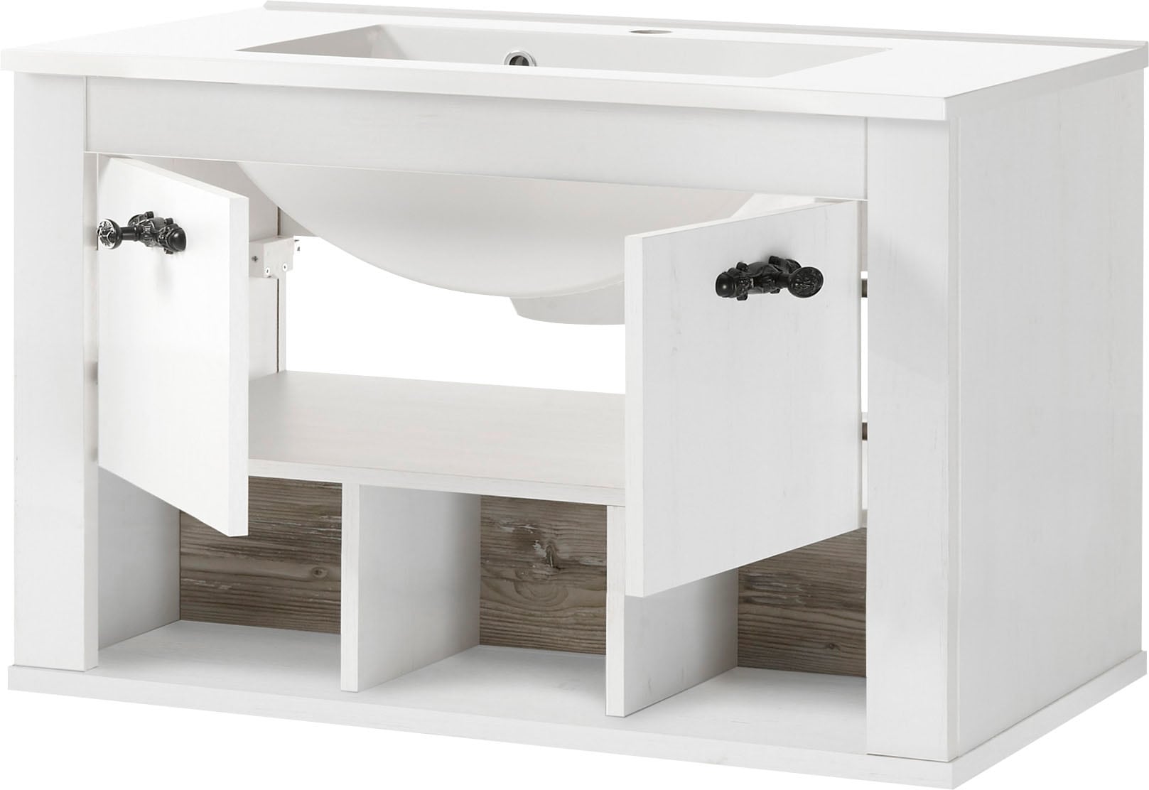 Home affaire Badmöbel-Set »Florenz, Bad im Landhausstil, 3-teiliges Badezimmer«, (3 St.), Hänge-Waschtisch, Schrank und Spiegel, in Pinie Weiss, Stauraum