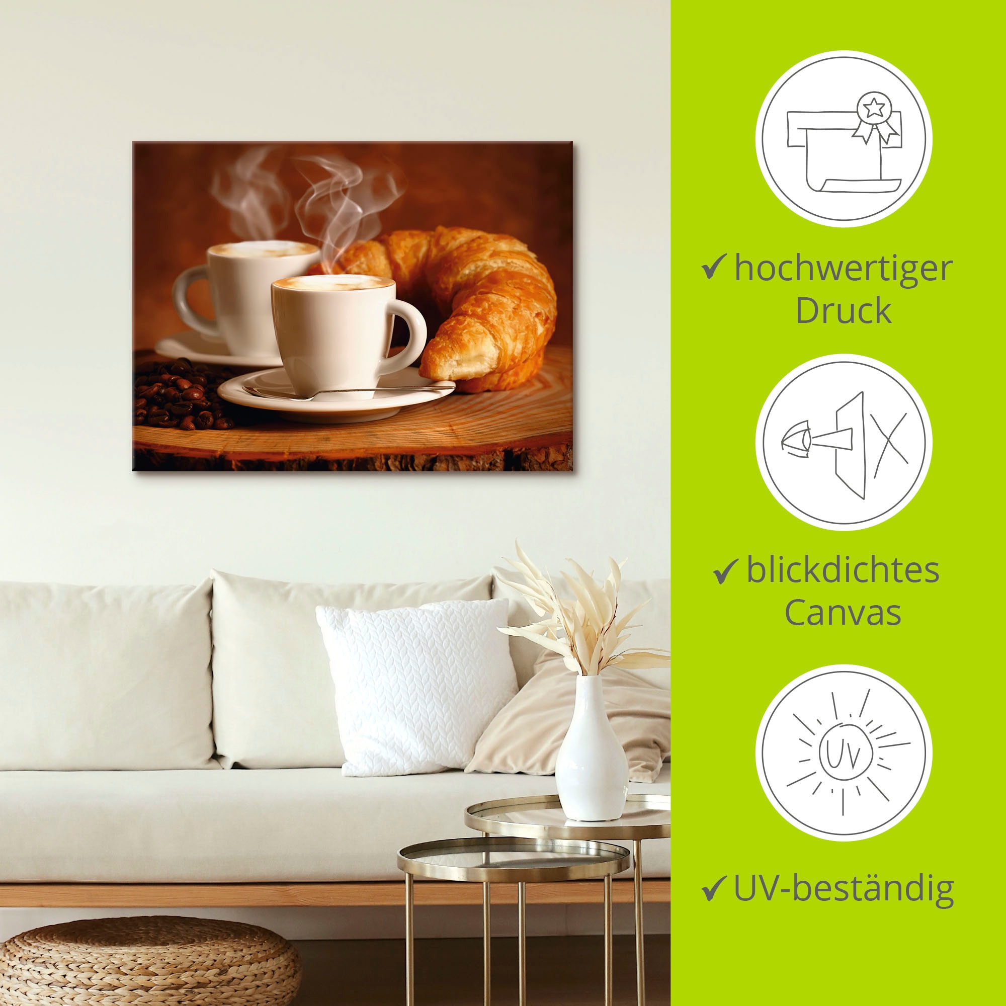 Artland Tableau sur toile »Dampfender Cappuccino und Croissant« 1 cuis tlg. auf Holzrahmen gespannt
