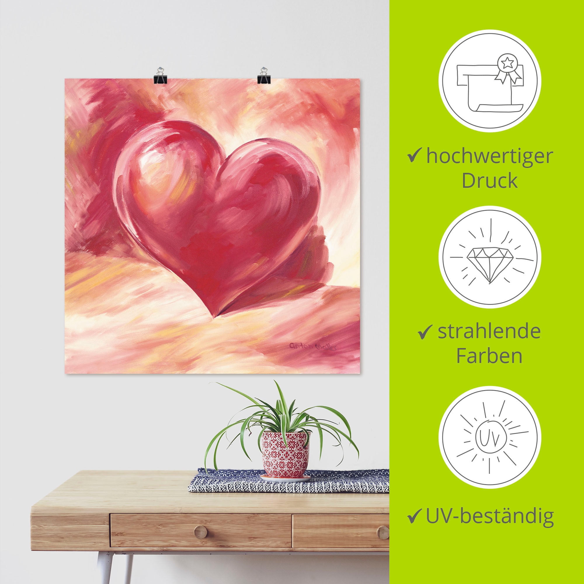 Artland Wandbild »Rosa/rotes Herz« Herzen 1 Stk. tlg. als Leinwandbild, Poster in verschied. Grössen