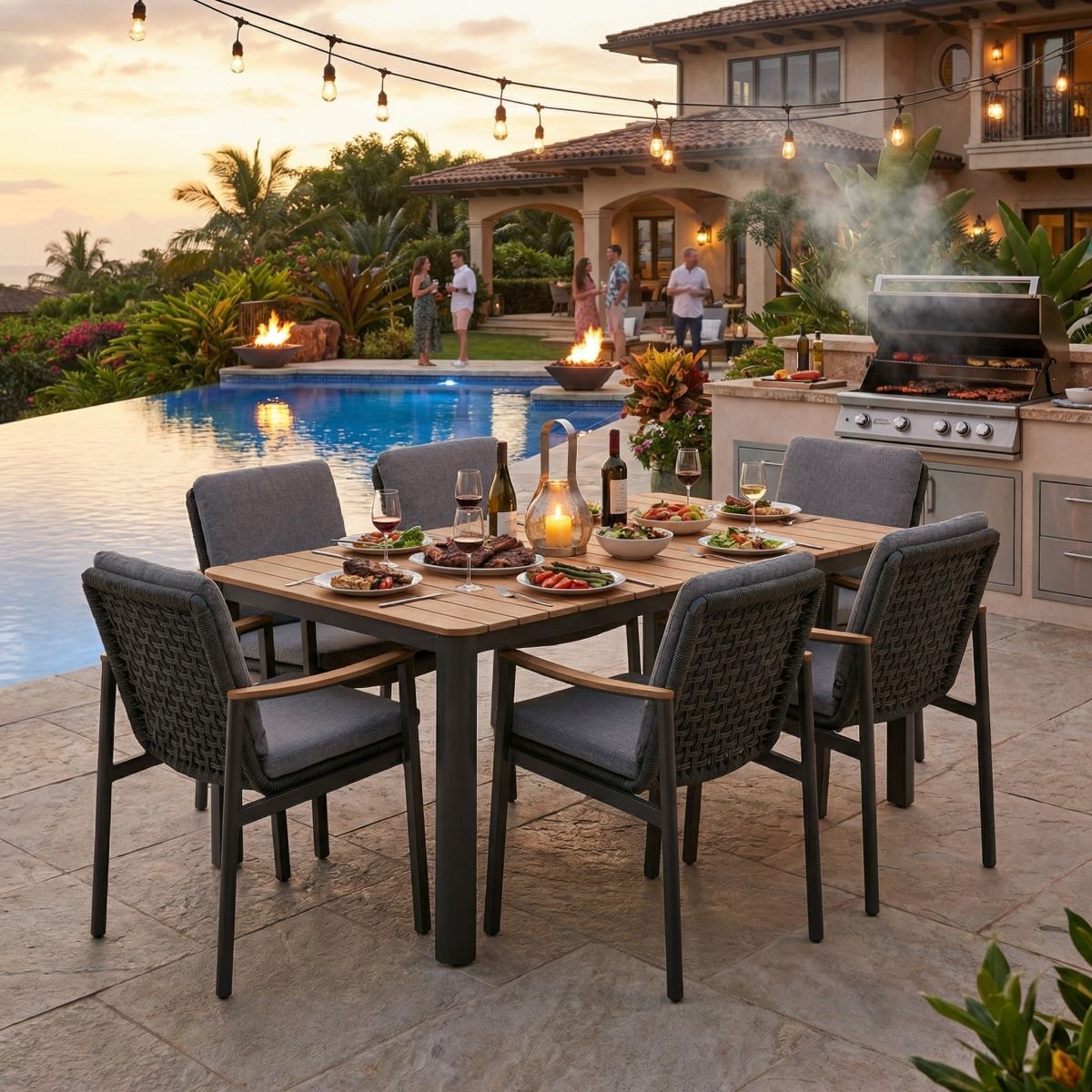 Ambiente Haus Salon de jardin »Garten 6er Set 220x95cm grau« Ensemble, Tisch und 6 Stühle, 7 tlg.