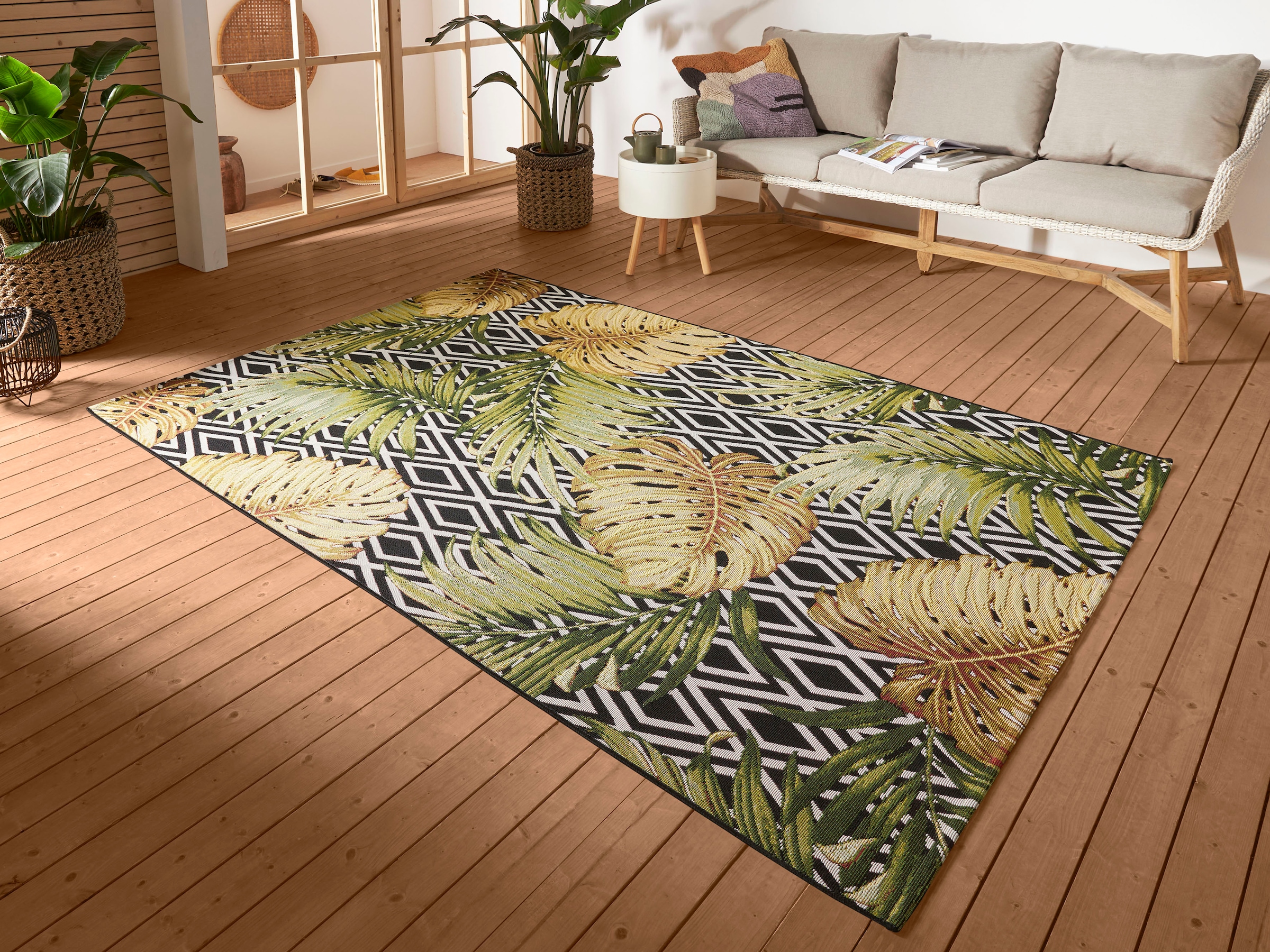Image of HANSE Home Outdoorteppich "Diamonds and Leaves" rechteckig 3 mm Höhe In-& Outdoor, Teppich, Wetterfest, Balkon, Garten, Wohnzimmer, Floral