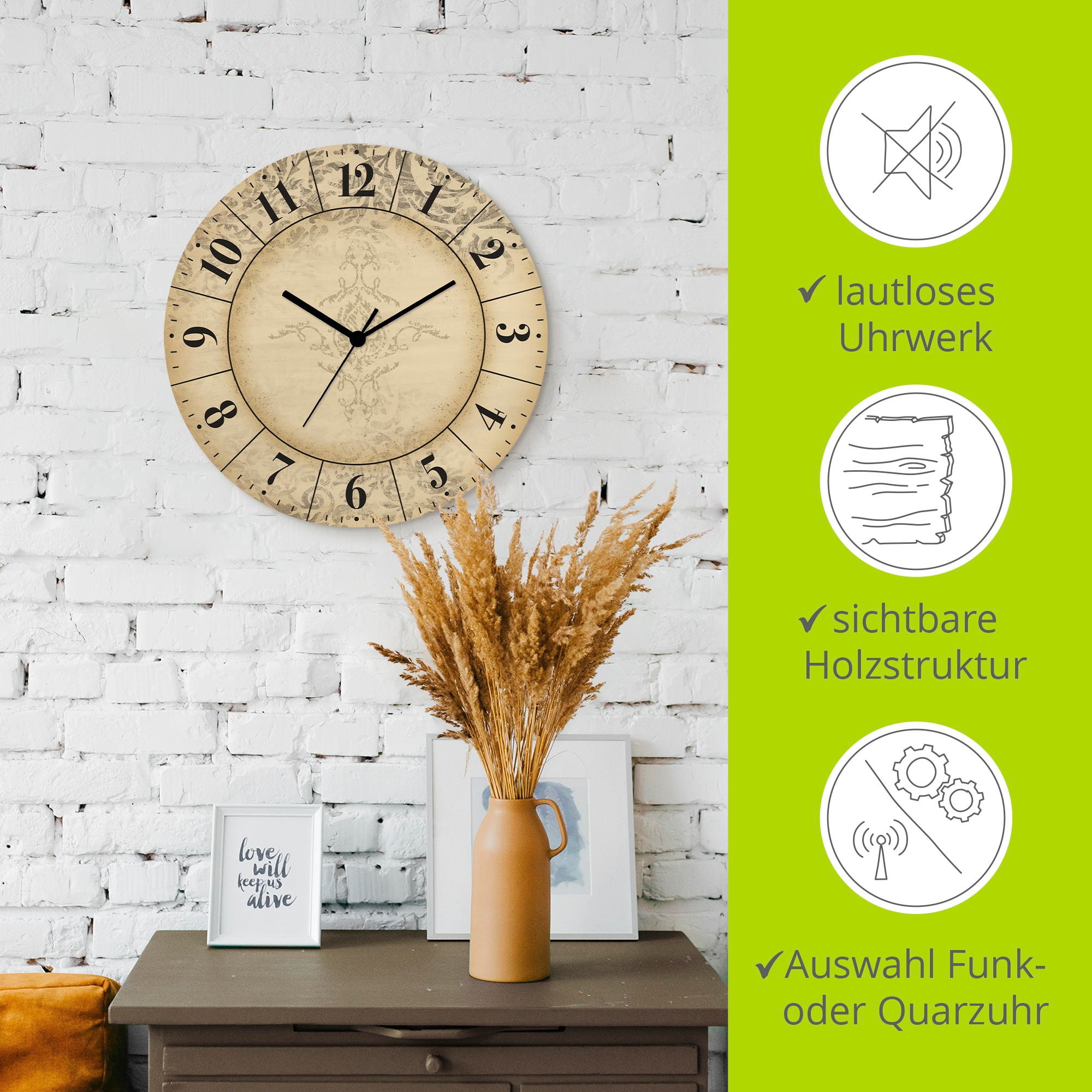 Artland Wanduhr »Vintage Zeitflüsterer« wahlweise mit Quarz- oder Funkuhrwerk, lautlos ohne Tickgeräusche