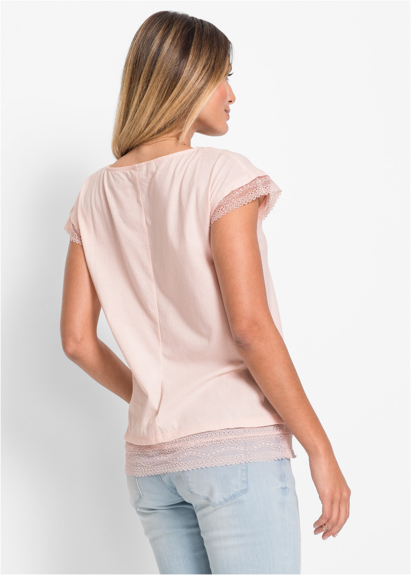 bonprix T-shirt bequeme Passform, überschnittene Schultern, mit Spitzendetails