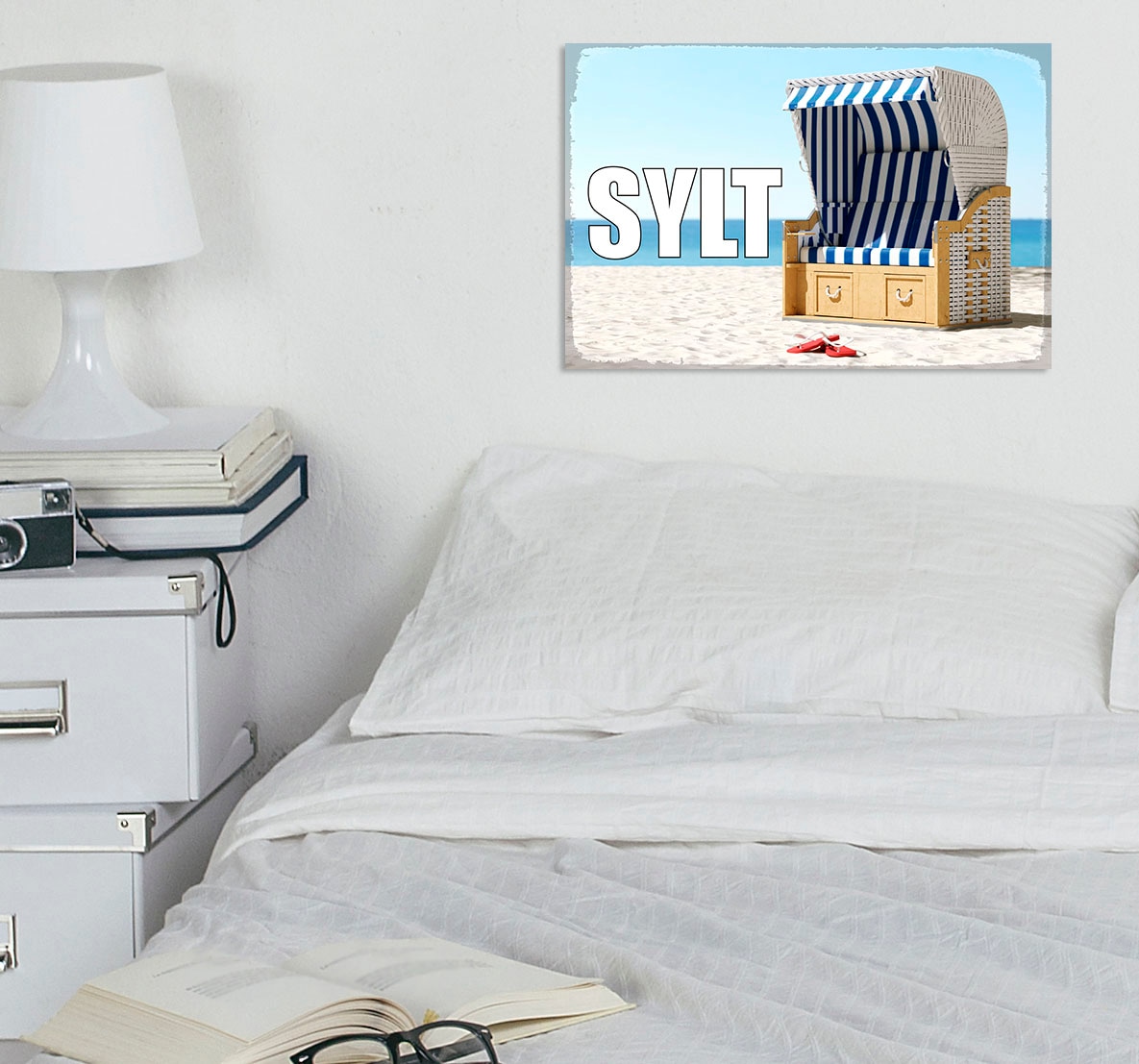 Image of queence Metallbild "Sylter Strandkorb" Meer Schriftzug Schriftzüge Strand 1 Stk. tlg. Stahlschilder