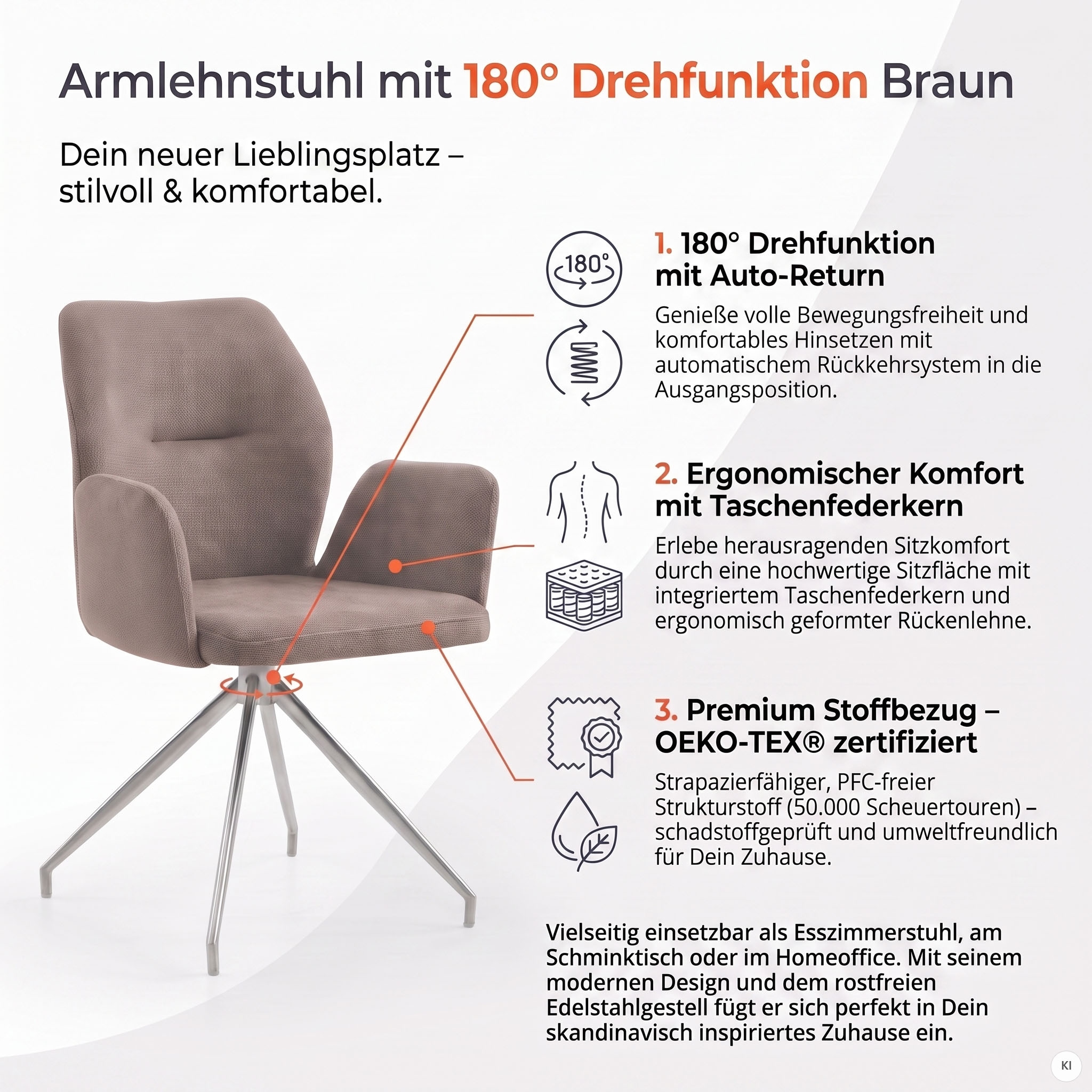 SalesFever Chaise de salle à manger »Taormina Armlehnstuhl mit silbernem Edelstahlgestell« () 1 cuisfauteuil de salle à manger, rotation 180°, structure en acier inoxydable