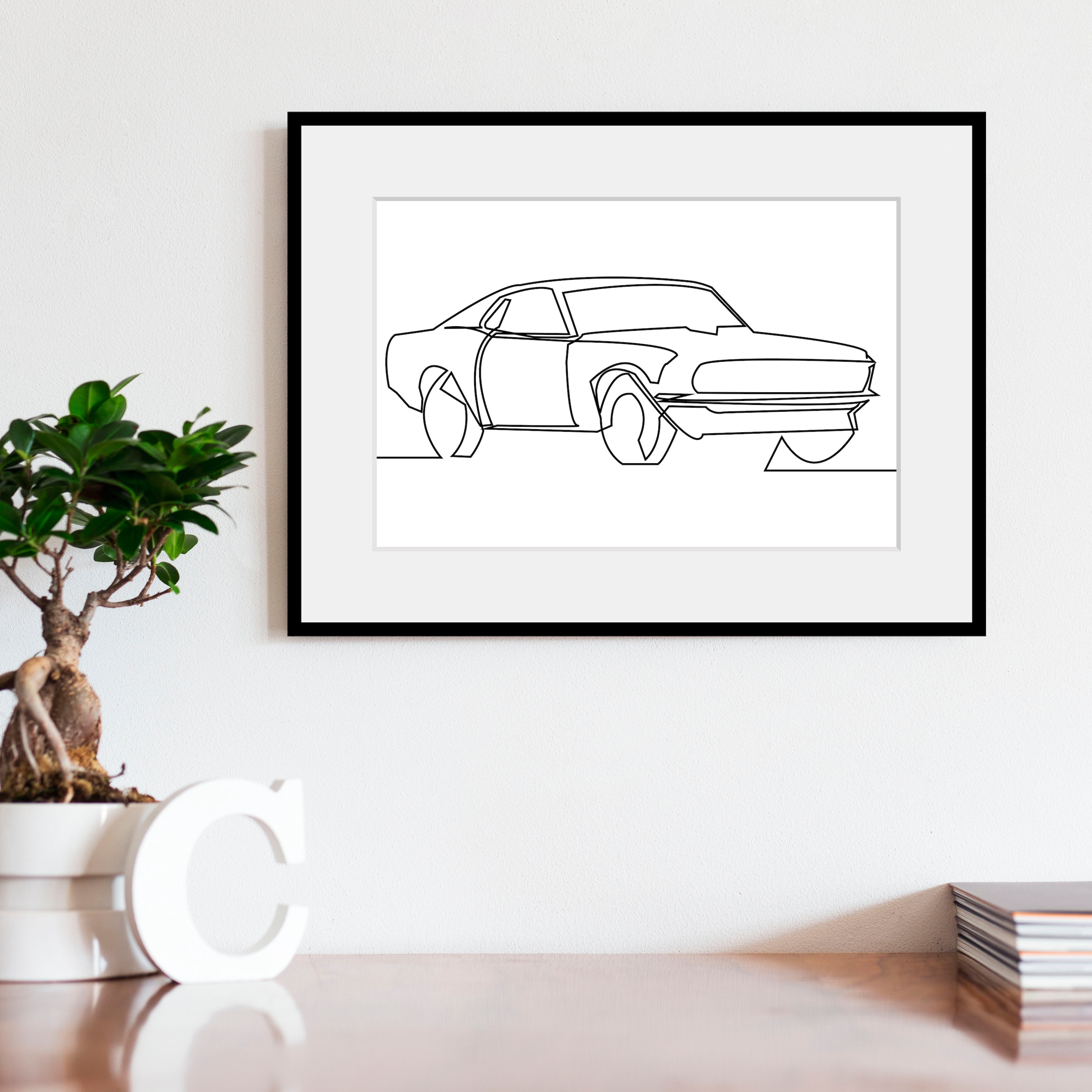 Image of queence Bild "Shotgun" Auto Kunst Schwarz-Weiss 1 Stk. tlg. HD Premium Poster-Druck inkl. Holzrahmen
