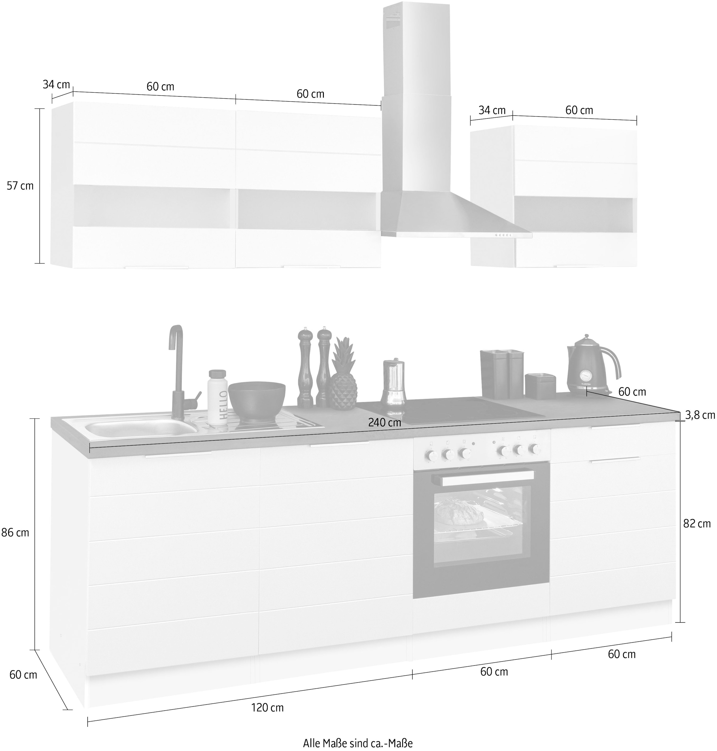 KOCHSTATION Kitchenette »KS-Luhe« 240 cm de large, au choix avec ou sans appareils électroniques, façades MDF fraisées