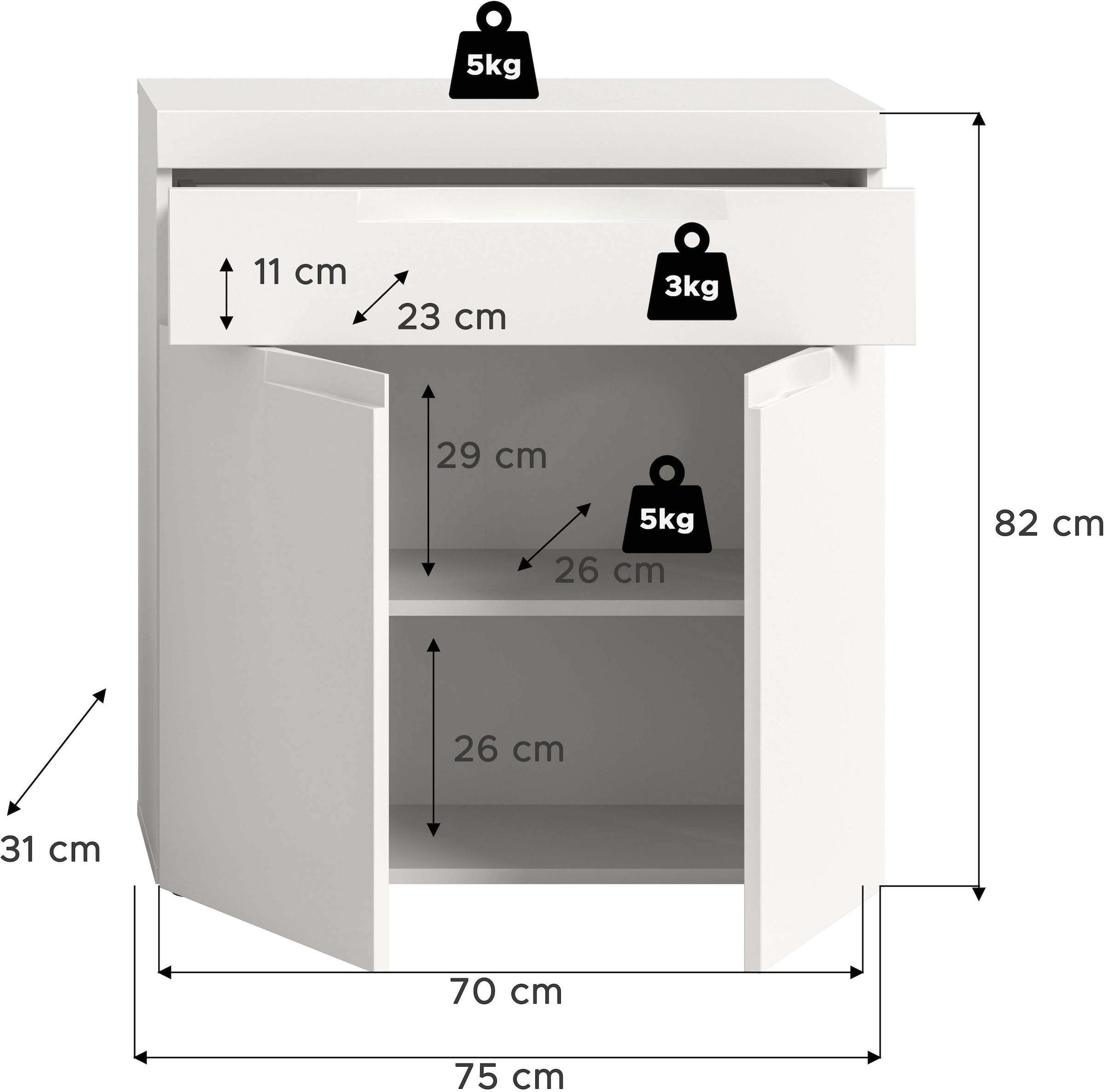 GOODproduct Commode de salle de bain »MAOI, Breite 75 cm, 2 Türen, 1 Schubkasten, 2 Fächer« Armoire de salle de bain, armoire, commode, armoire moyenne, salle de bain