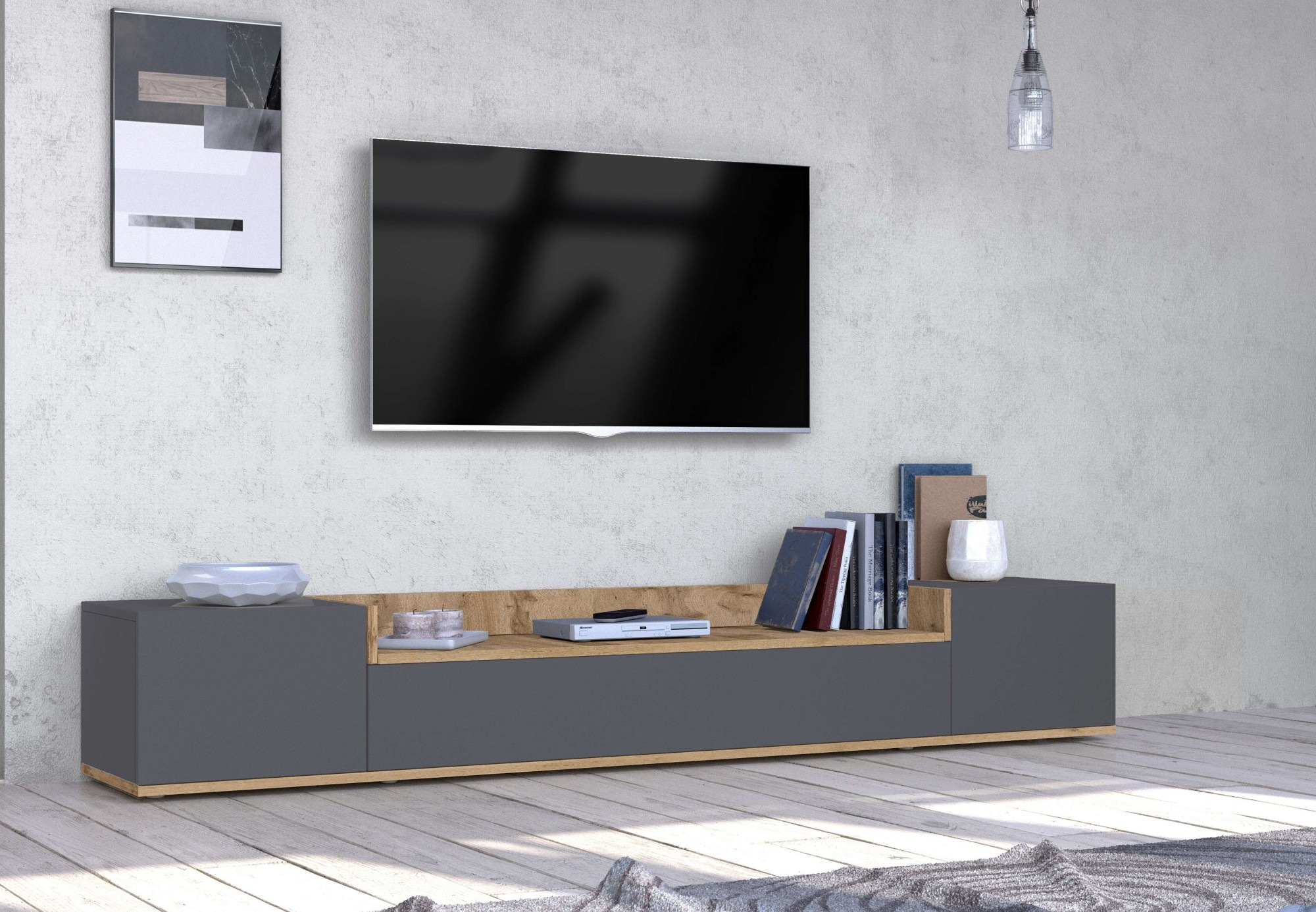 Image of GOODproduct Lowboard "BOLSENA,TV-Kommode, TV-Möbel,TV-Bank, 4 Fächer und offenes Ablagefach" 1 Stk. tlg. stehend/hängend montierbar, Made in Italy, B/T/H: 200 × 35 × 31,2 cm