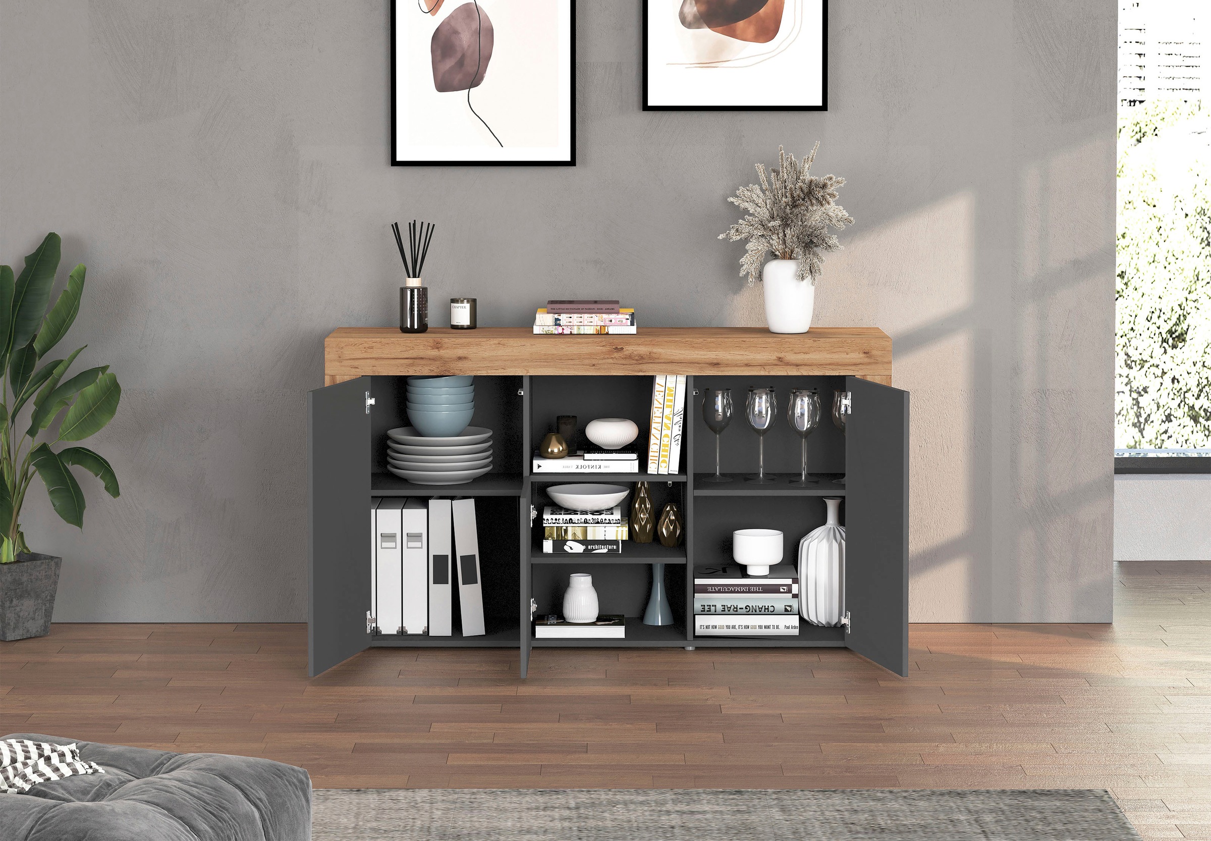 INOSIGN Sideboard »CHRONOS Breite 155 cm mit 3 Türen, 1 offenes und 6 geschlossene Fächer«, (1 St.), Sideboard,Kommode, Schrank, Grifflos mit Push to Open, Made in Italy