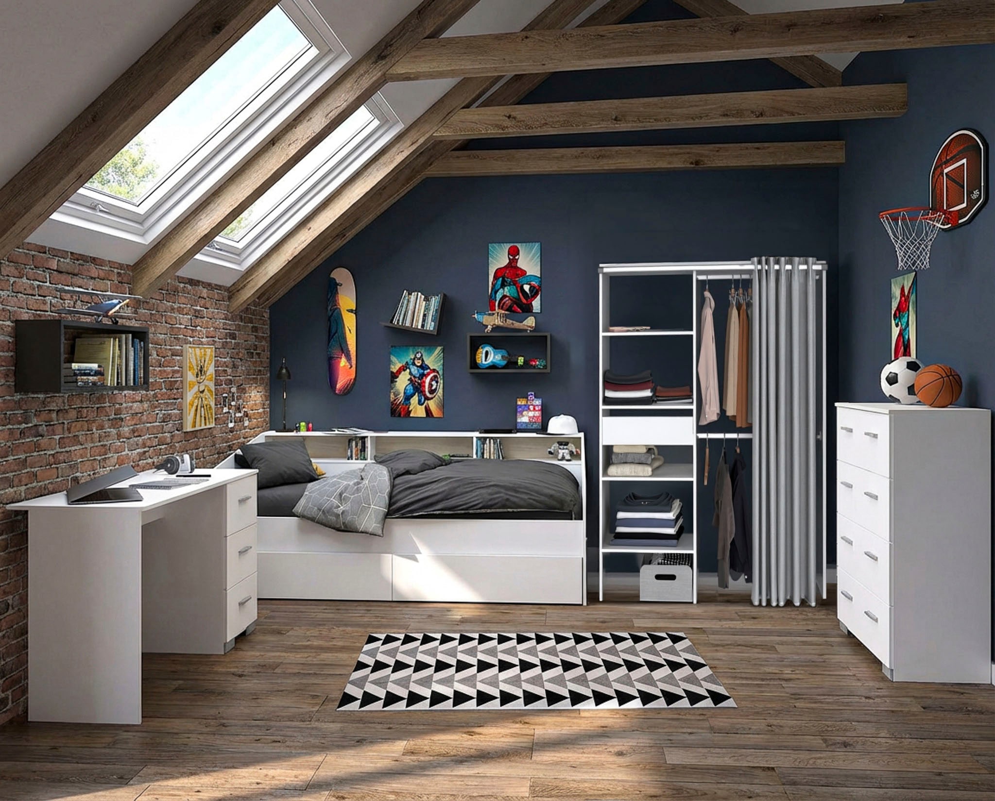 Parisot Jugendzimmer-Set »Parisot Sleep 13« Set, 5 tlg. Rückwand am Stauraumett drehbar - Weiss oder Eiche
