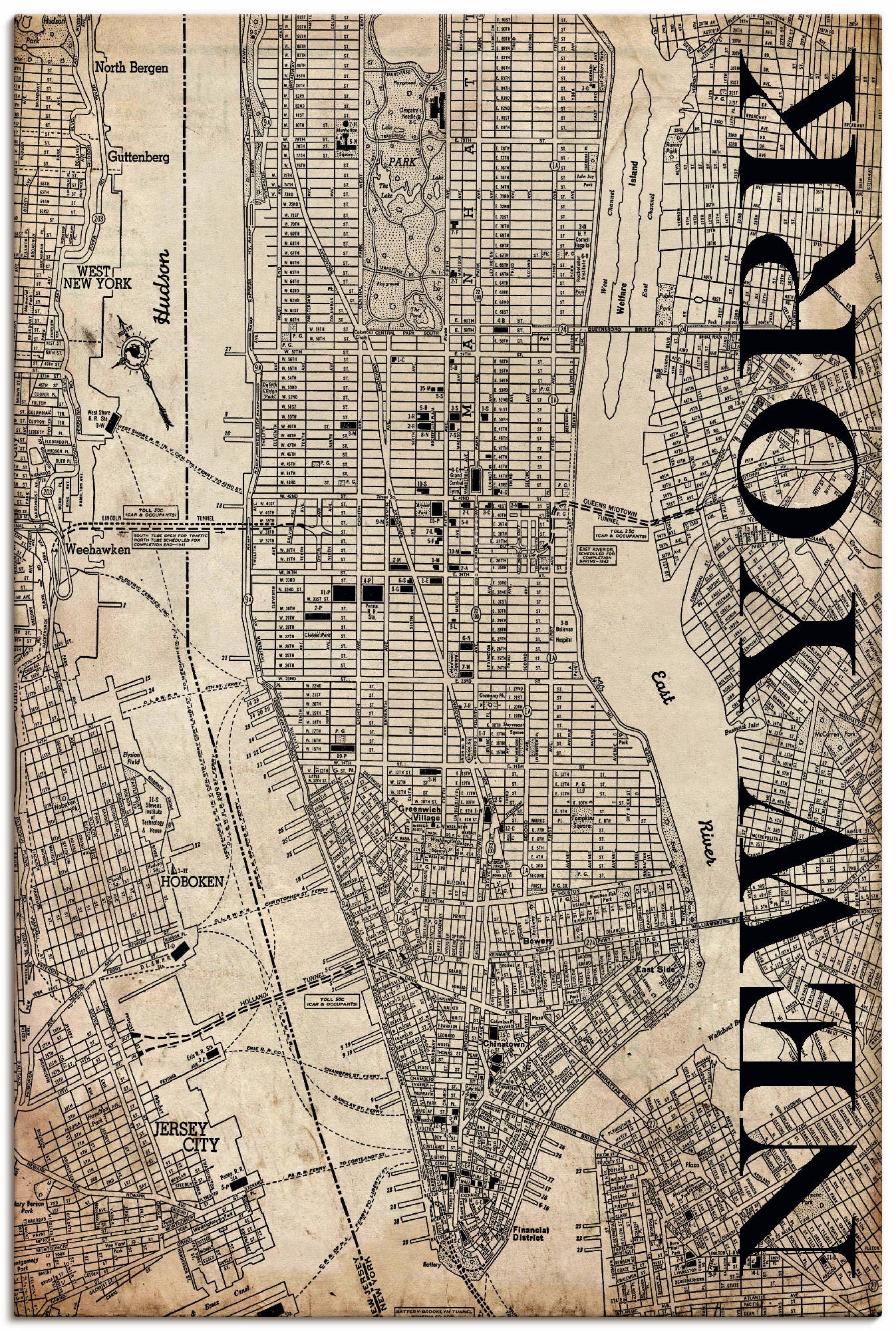 Artland Wandbild »New York Karte Strassen Karte Grunge«, Amerika, (1 St.), als Leinwandbild, Poster in verschied. Grössen