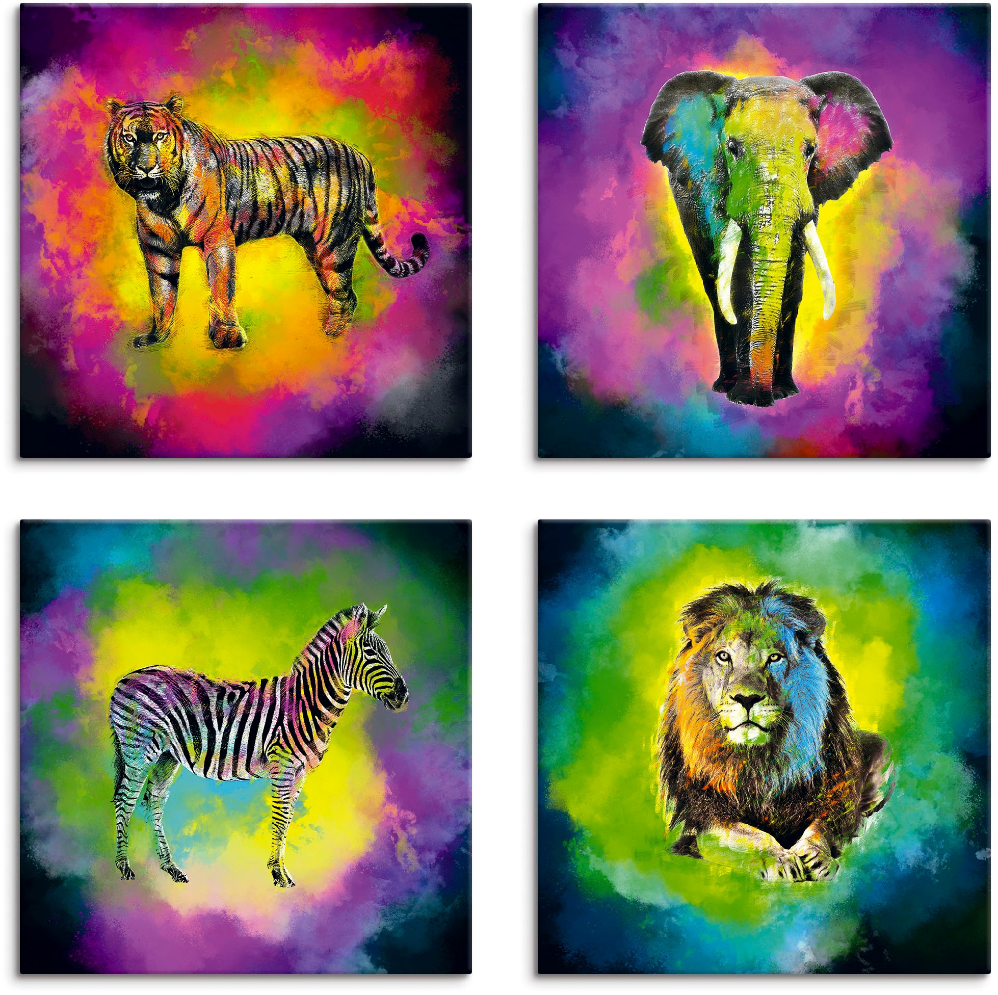 Image of Artland Leinwandbild "Farbexplosion Elefant Löwe Zebra Tiger" Wildtiere 4 Stk. tlg. 4er Set, verschiedene Grössen