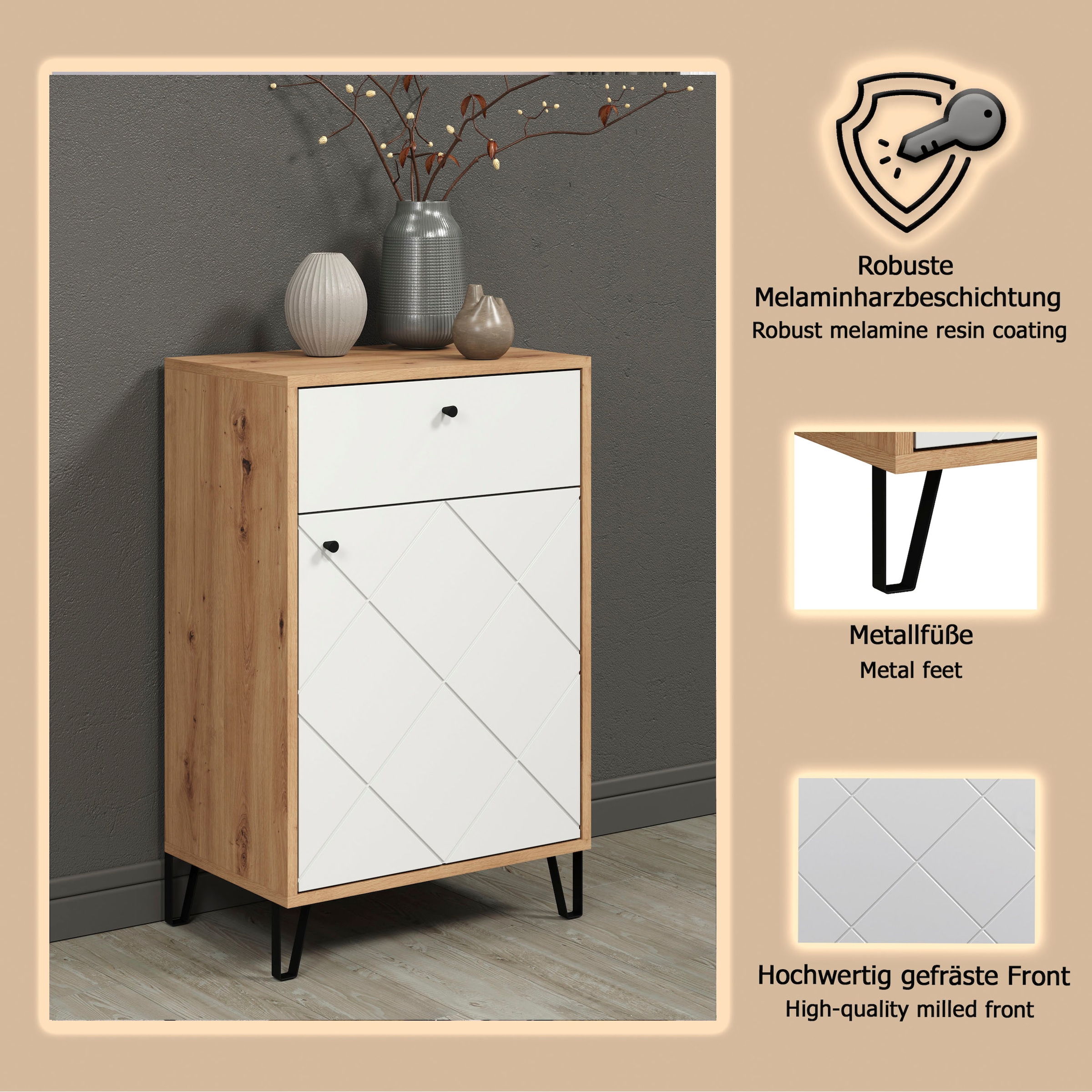 PLACES OF STYLE Kommode »Tarragona« 1 Stk. tlg. Kommode, Tür, Schublade & Soft-Close - (B/T/H) 63/40/96 cm