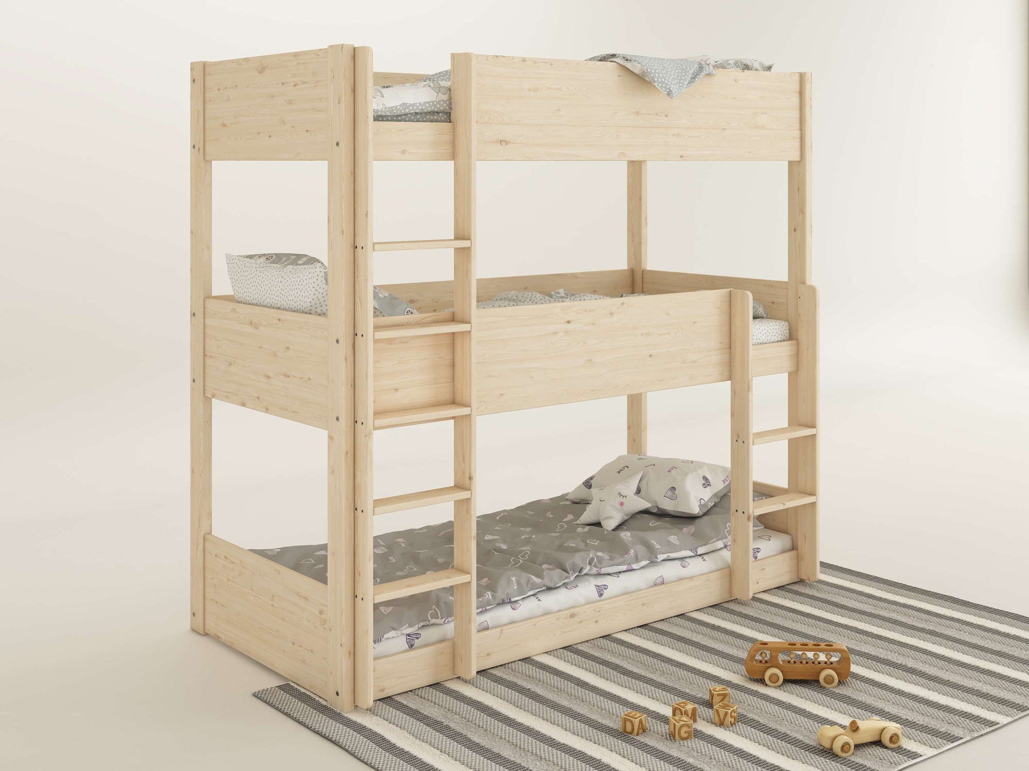 Lüttenhütt Etagenbett »TIPO BESTSELLER! Stockbett, Hochbett, Bodenbett, platzsparend«, (Leitern beidseitig montierbar), mit 3 Schlafplätzen, FSC® zertifiziertes Massivholz (Kiefer)