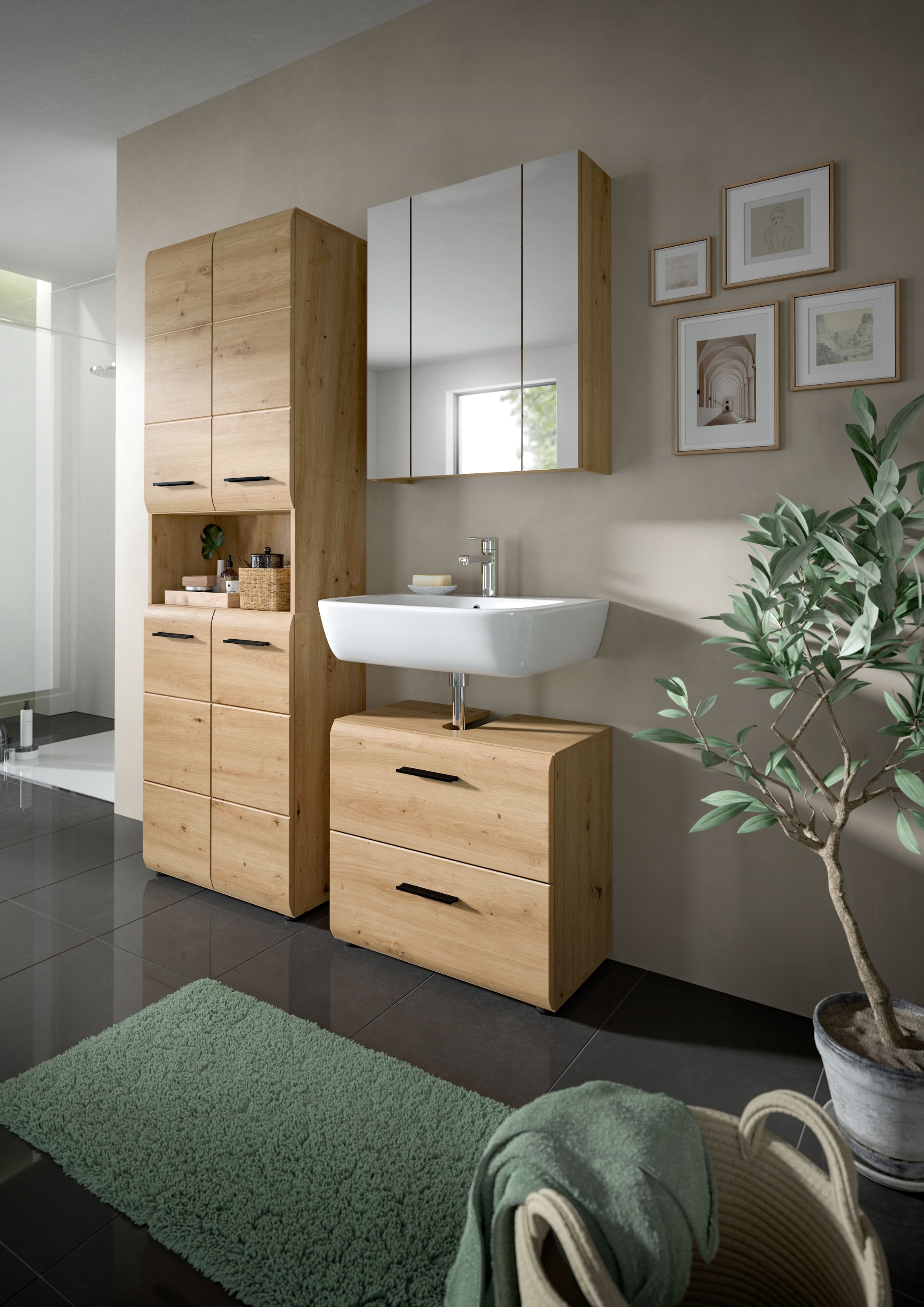welltime Ensemble de meubles de salle de bain »FLORENZ,  3-teilige Badkombination, hochwertige MDF-Front« Ensemble, best. aus: 1 Hochschrank, 1 Waschbeckenunterschrank, 1 Spiegelschrank, 3 cuis tlg.