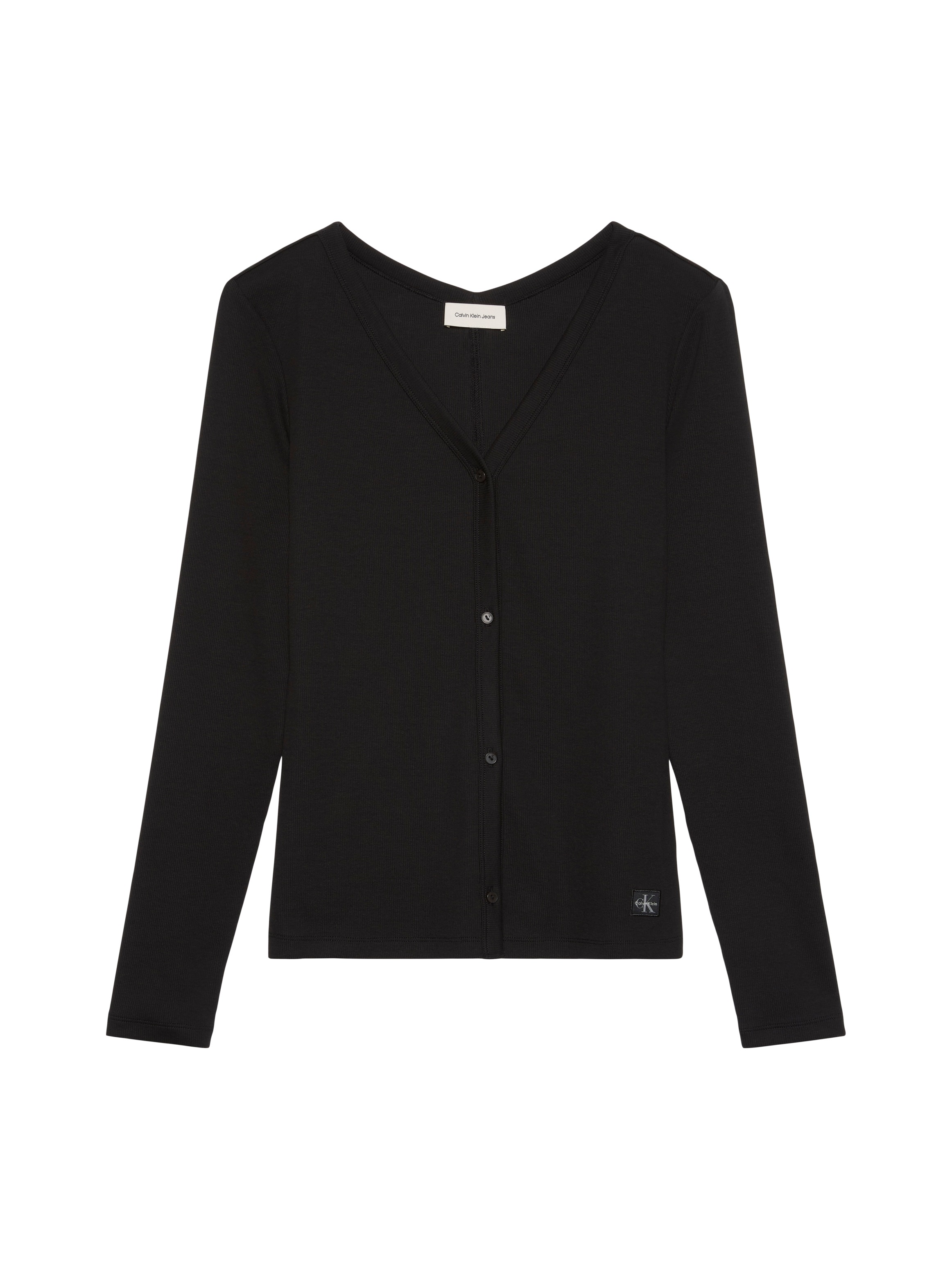 Calvin Klein Jeans Langarmshirt »WOVEN LABEL BABY RIB BUTTON« Figurbetonte Passform mit V-Ausschnitt