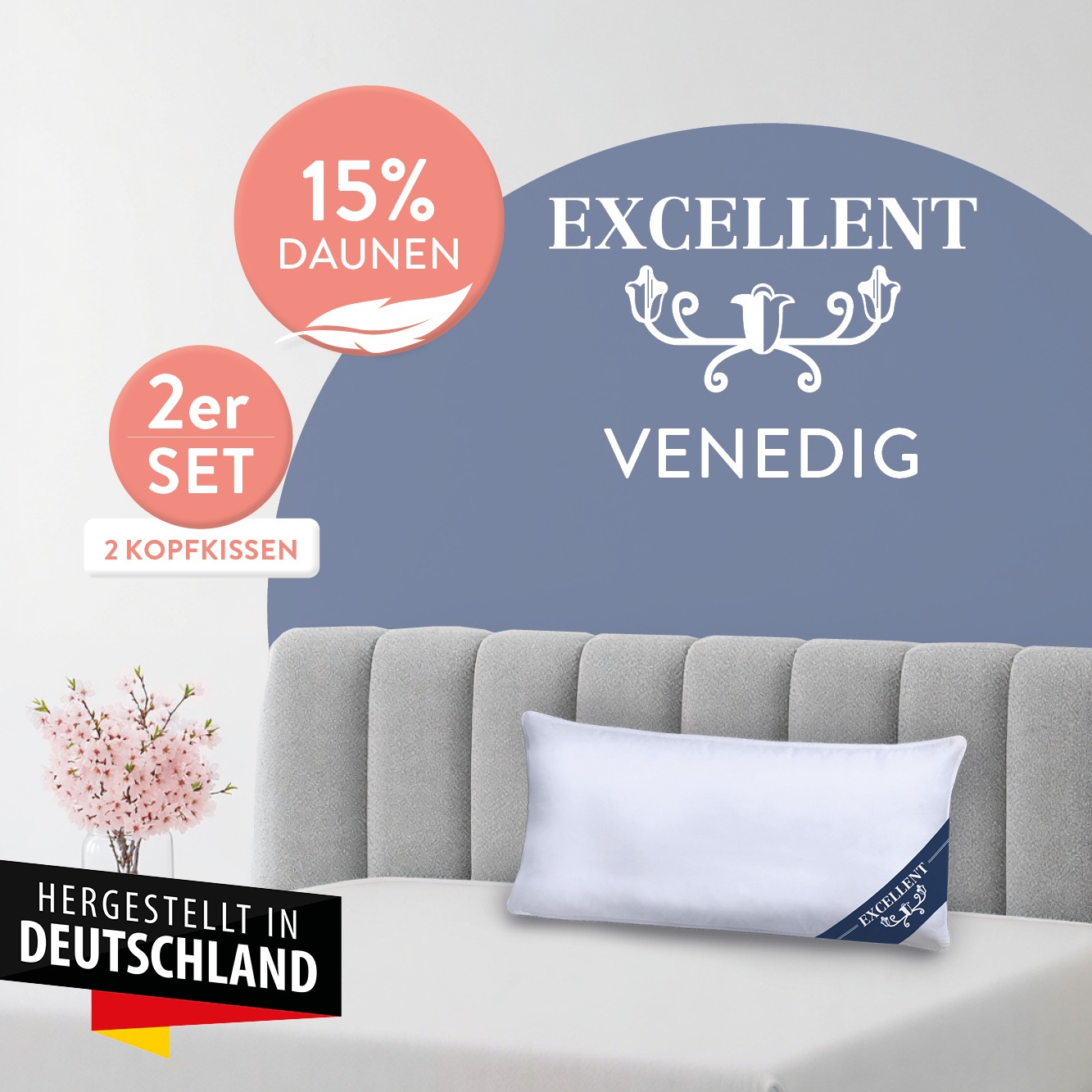 Excellent Kopfkissen "Venedig, Kuschel- oder Kopfkissen 1-tlg. oder 2 -tlg., Daunen & Federn" Füllung: 85% Federn / 15% Daunen 2 Kopfkissen, 2 Stk. tlg. Deko- oder Kopfkissen in vielen Größen