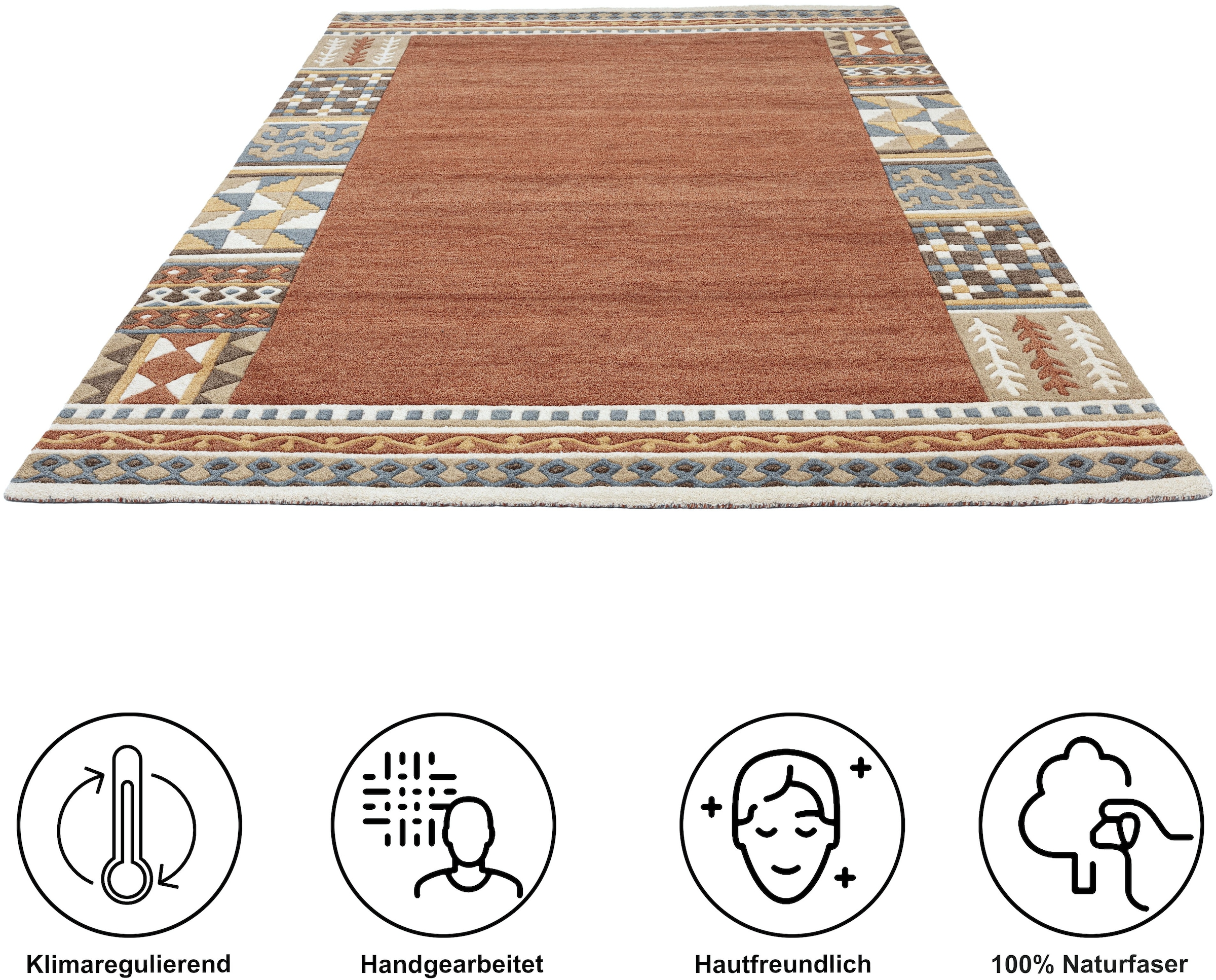 THEKO Wollteppich »Nuno, reine Wolle,  Handgefertigt, mit Bordüre« rechteckig 14 mm Höhe handgetuftet, Wohnzimmer, Schlafzimmer, Esszimmer, auch als Läufer