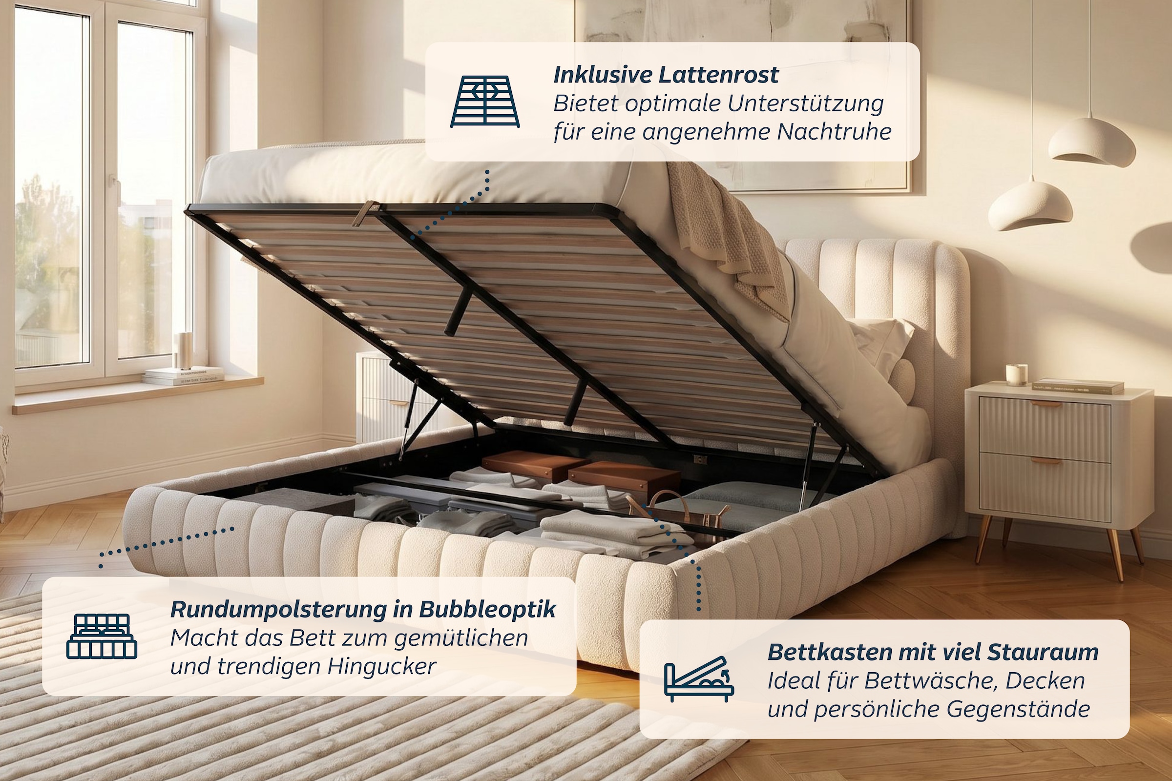 GOODproduct Polsterbett »SELVAIR, Stauraumbett mit Lattenrost und Bettkasten, Chenille-Bezug« dick gepolstertes Kopfteil und Rahmen, Liegefläche 180x200 cm