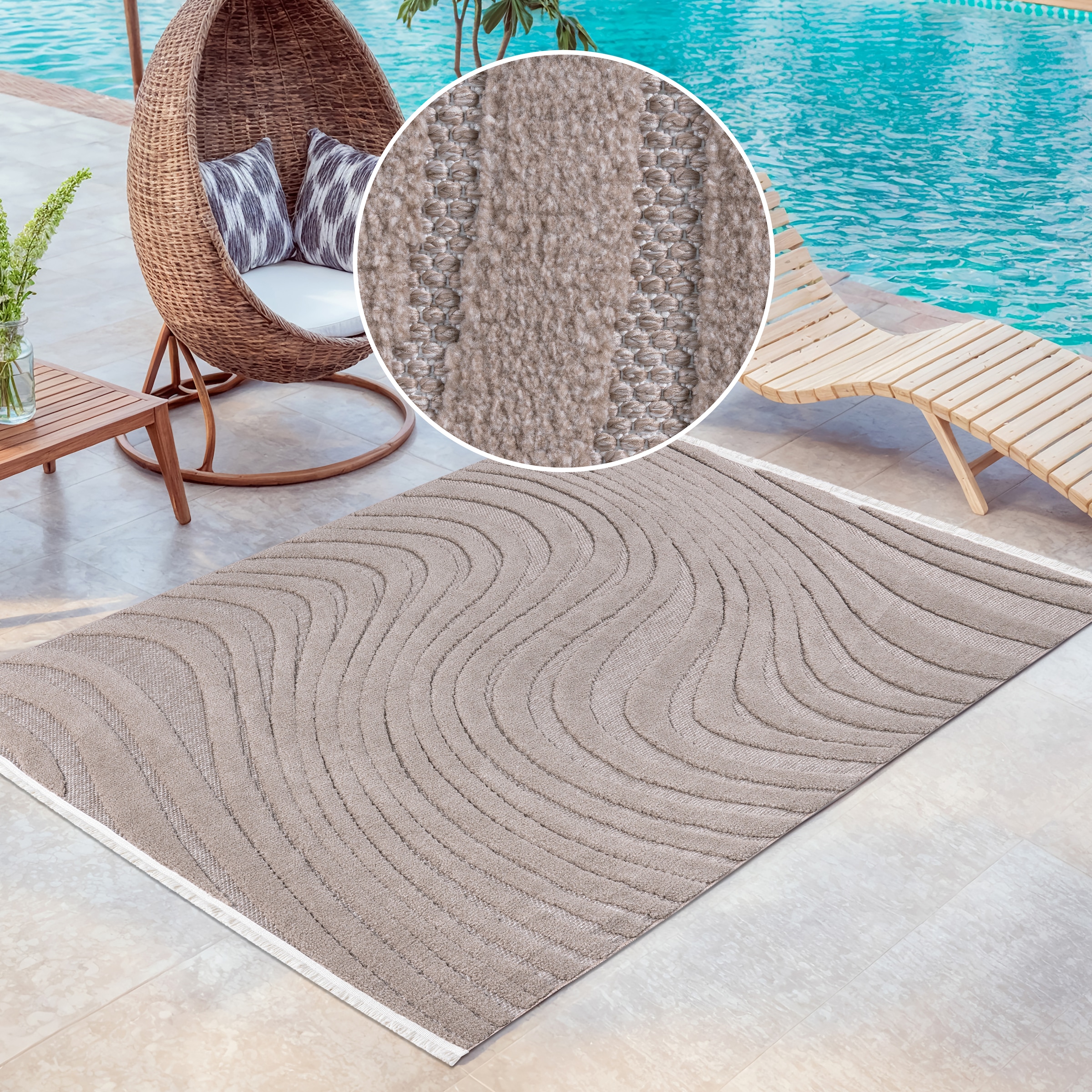 GOODproduct Teppich »Samelia mit Fransen, Wellendesign, Balkon, Camping« rechteckig 6 mm Höhe Hoch-Tief-Struktur, In- und Outdoor geeignet für Küche oder Esszimmer