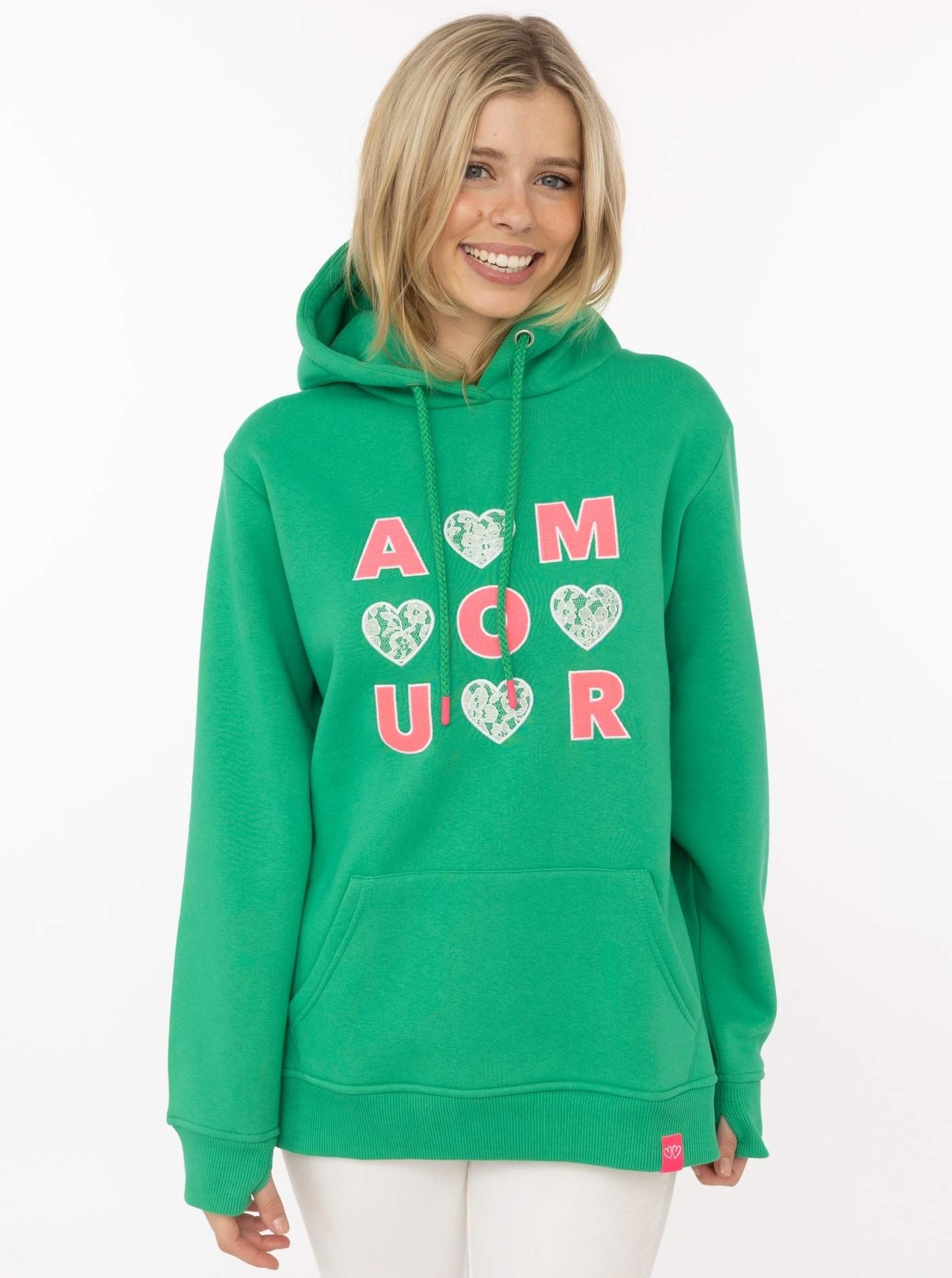 Zwillingsherz Hoodie »"AMOUR"«, gesticktes Motiv mit Herzen und Spitze, Kapuze, Kängurutasche
