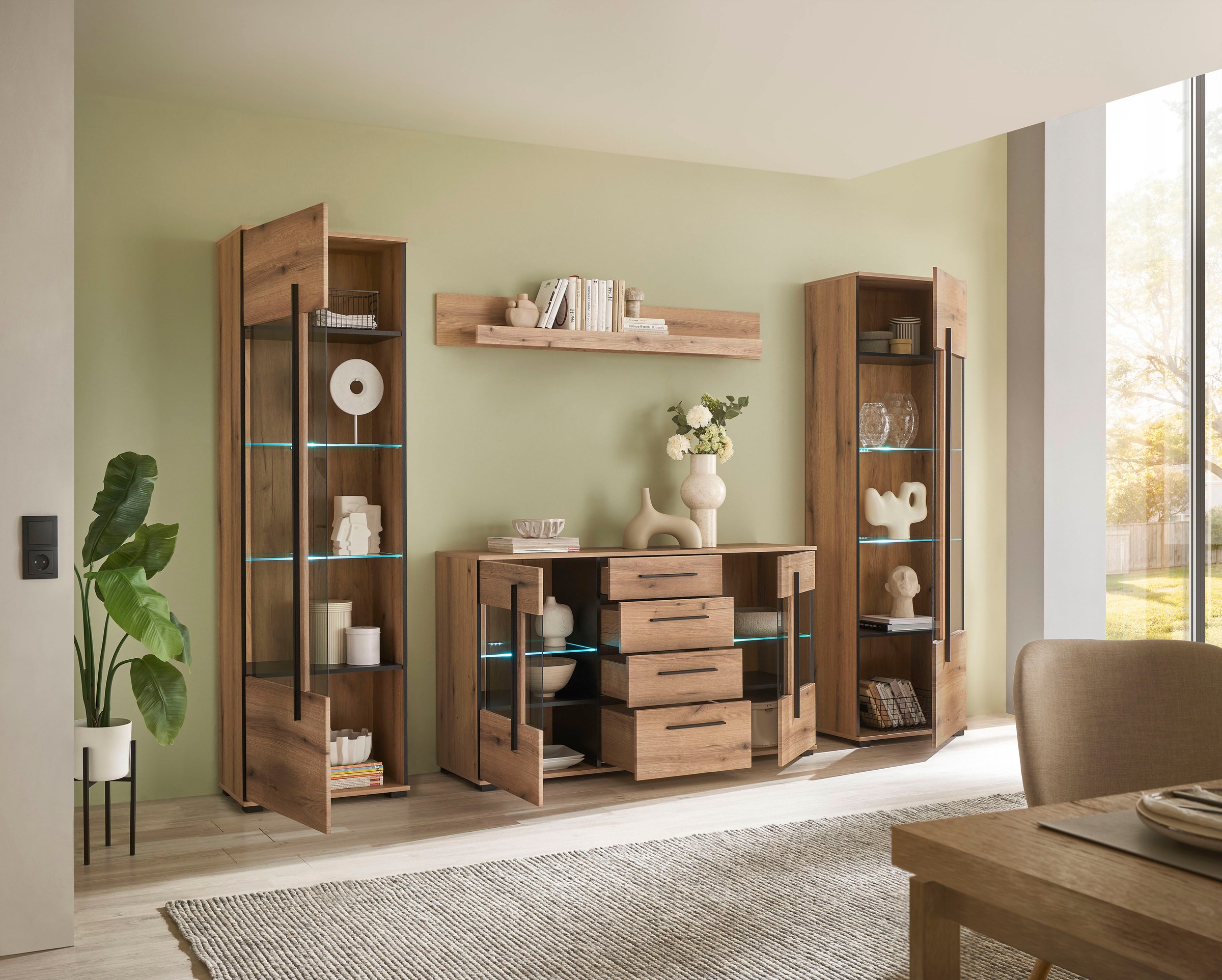 INOSIGN Wohnwand »Cantara, moderne Anbauwand, Wohnzimmer-Set, in Eiche Evoke oder Weiss«, (Set), enthält zwei Vitrinen, ein Sideboard und ein Wandboard