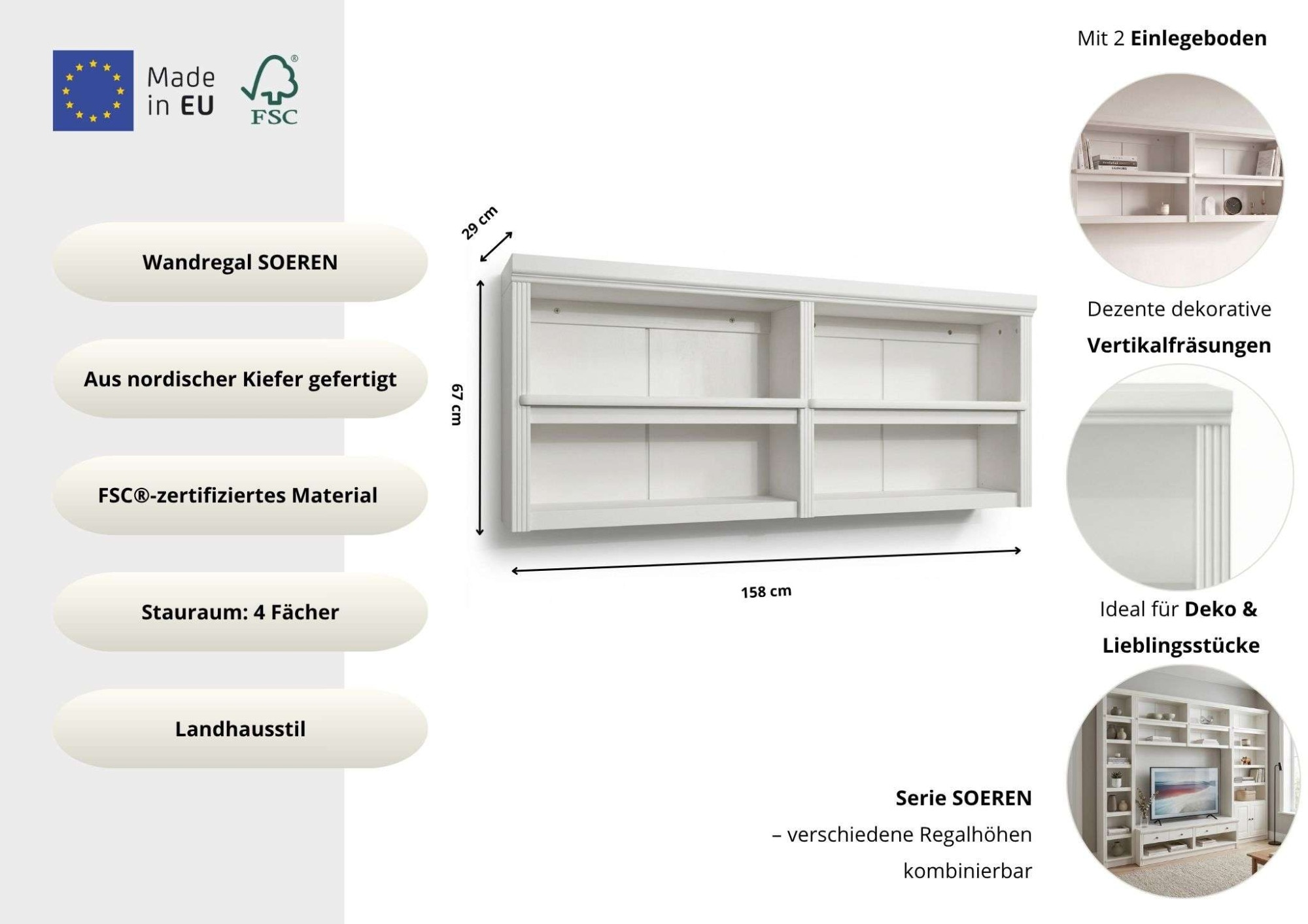 GOODproduct Wandregal »Soeren« B/T/H: 158/29/67 cm,  aus massiver Kiefer, 4 offene Fächer, FSC®-zertifiziert