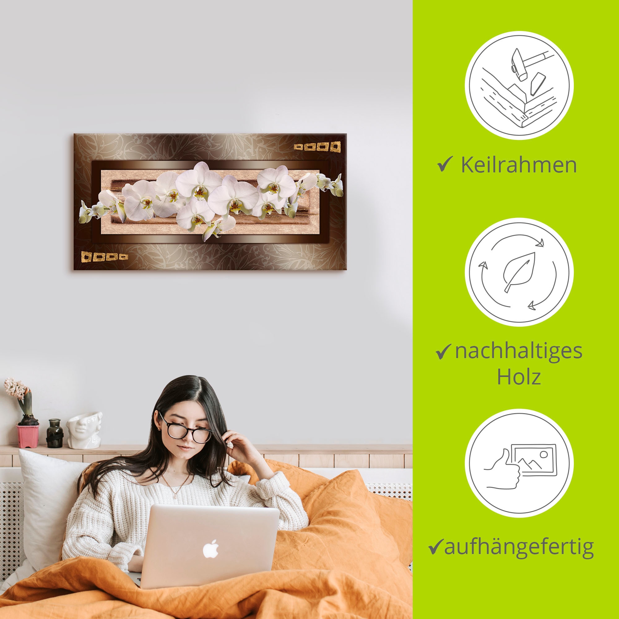 Artland Leinwandbild »Weisse Orchideen mit goldenen Vierecken«, Blumen, (1 St.), auf Keilrahmen gespannt